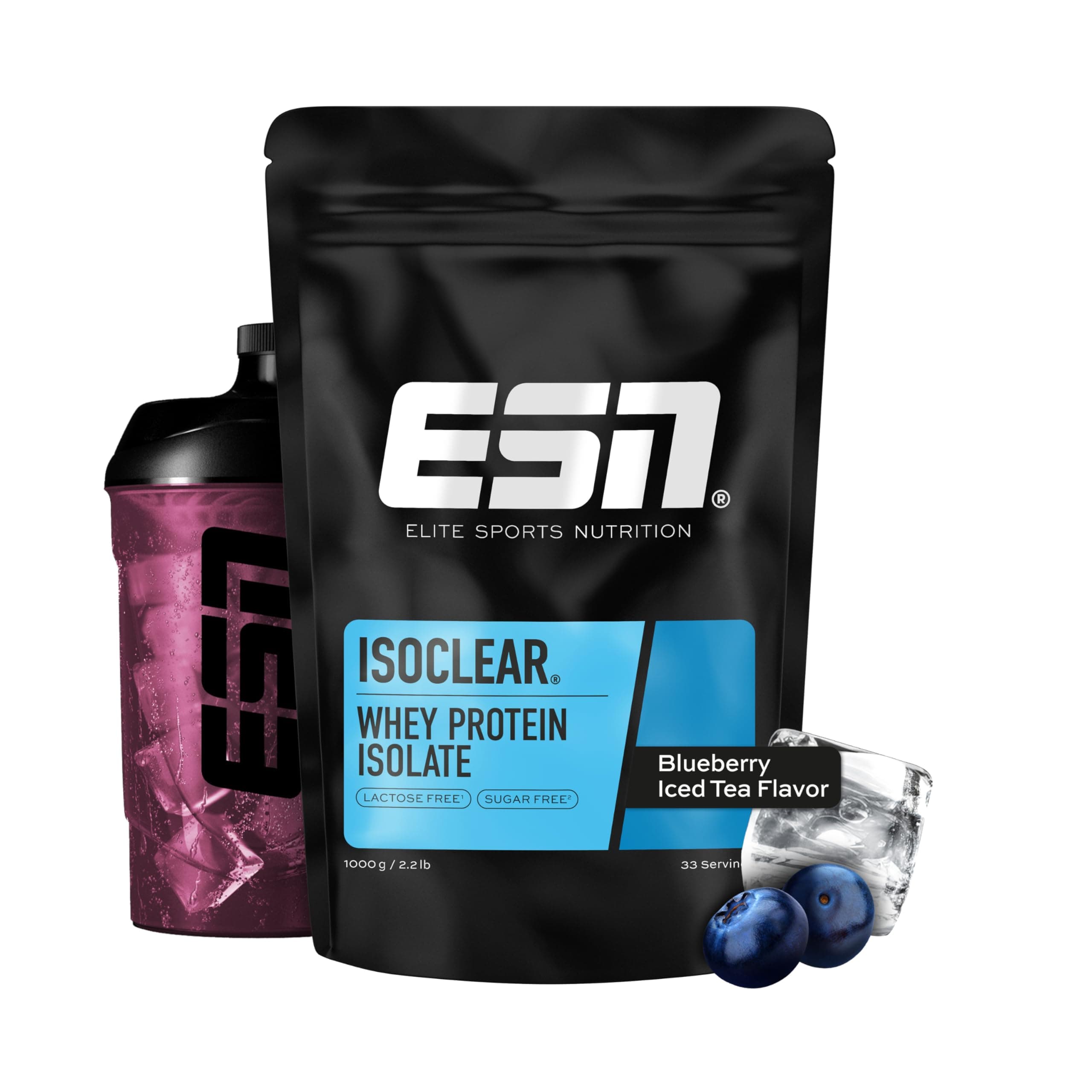ESN ISOCLEAR Whey Isolate Protein Powder, Té helado de arándanos, 1000 g, limonada de proteínas con un sabor afrutado y delicioso, suero de leche claro - made in Germany