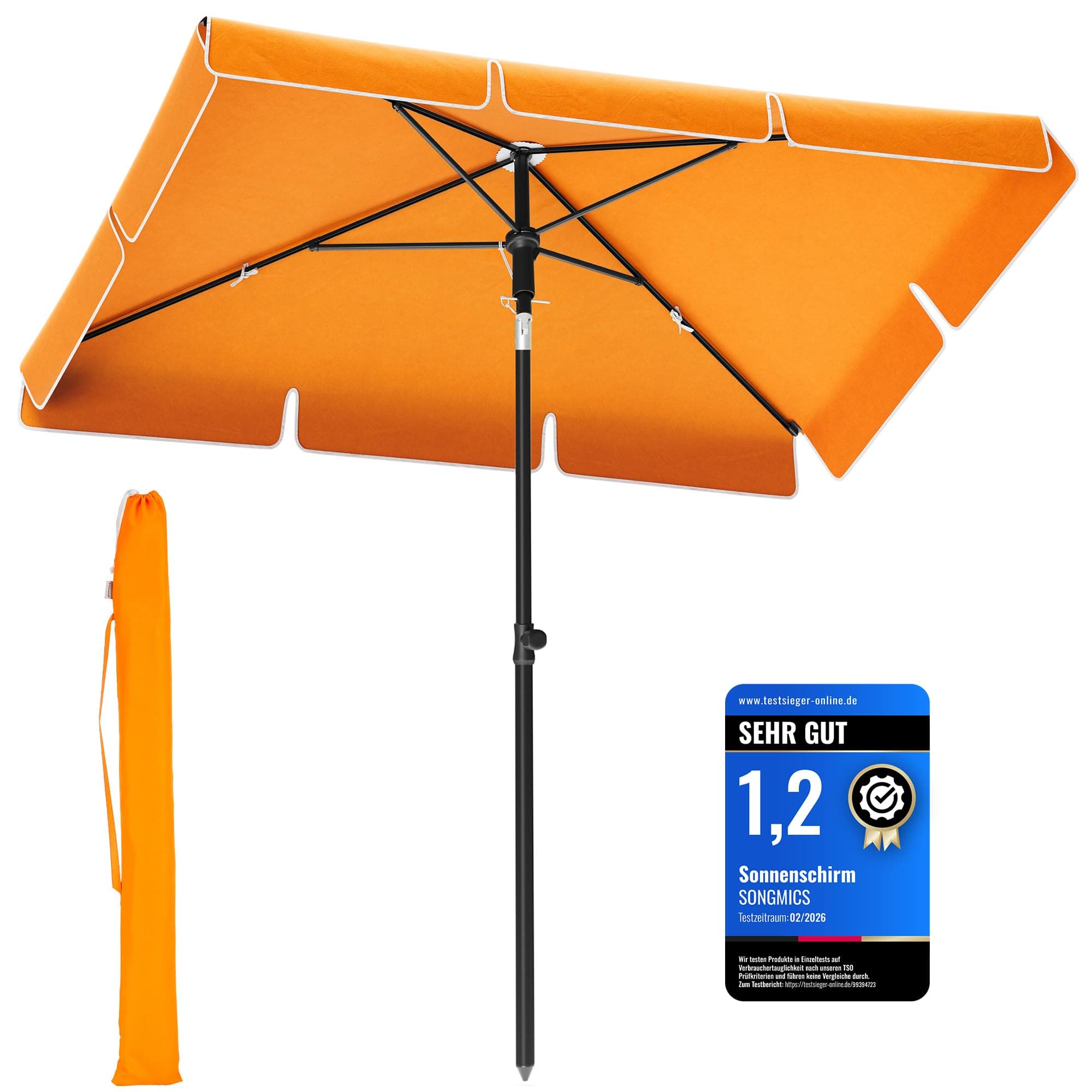 SONGMICS Sonnenschirm 200 x 125 cm, Balkonschirm UPF 50+, Sonnenschutz, beidseitig um 30° knickbar, höhenverstellbar, mit Aufbewahrungstasche, für Garten, Terrasse, ohne Ständer, orange GPU25OG