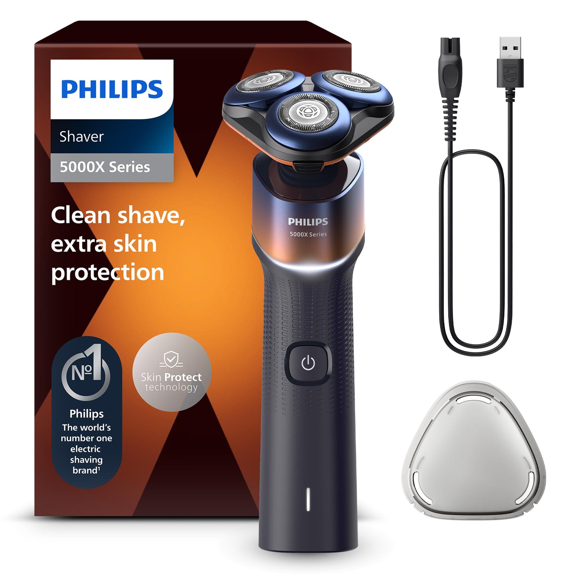 Philips Shaver 5000X Series Rasoio elettrico Wet and Dry tecnologia Skin Protect, testina flessibile a 360°, 1 ora di ricarica/ricarica rapida di 5 minuti, cappuccio a P, Arancione, modello X5012/00