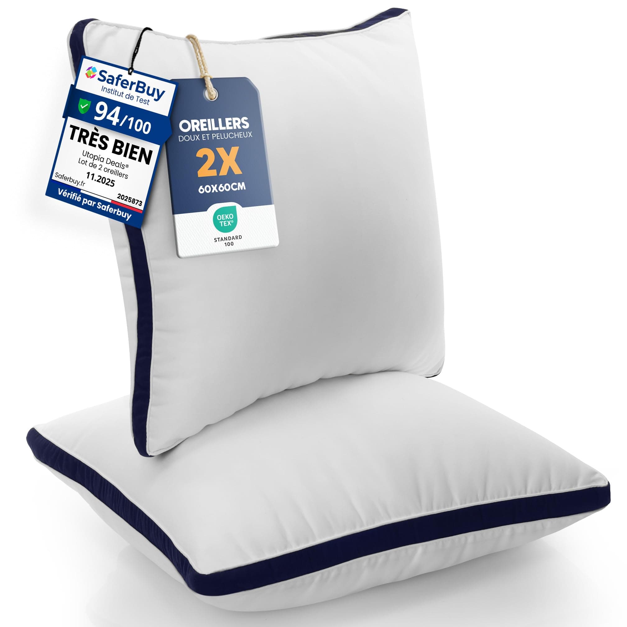 Utopia Bedding Oreillers 60 x 60 cm (2 Pièces), Rembourrage en Fibres Creuses Vierges 3D, Oreiller Doux et Facile à Entretenir (Bleu Marine)