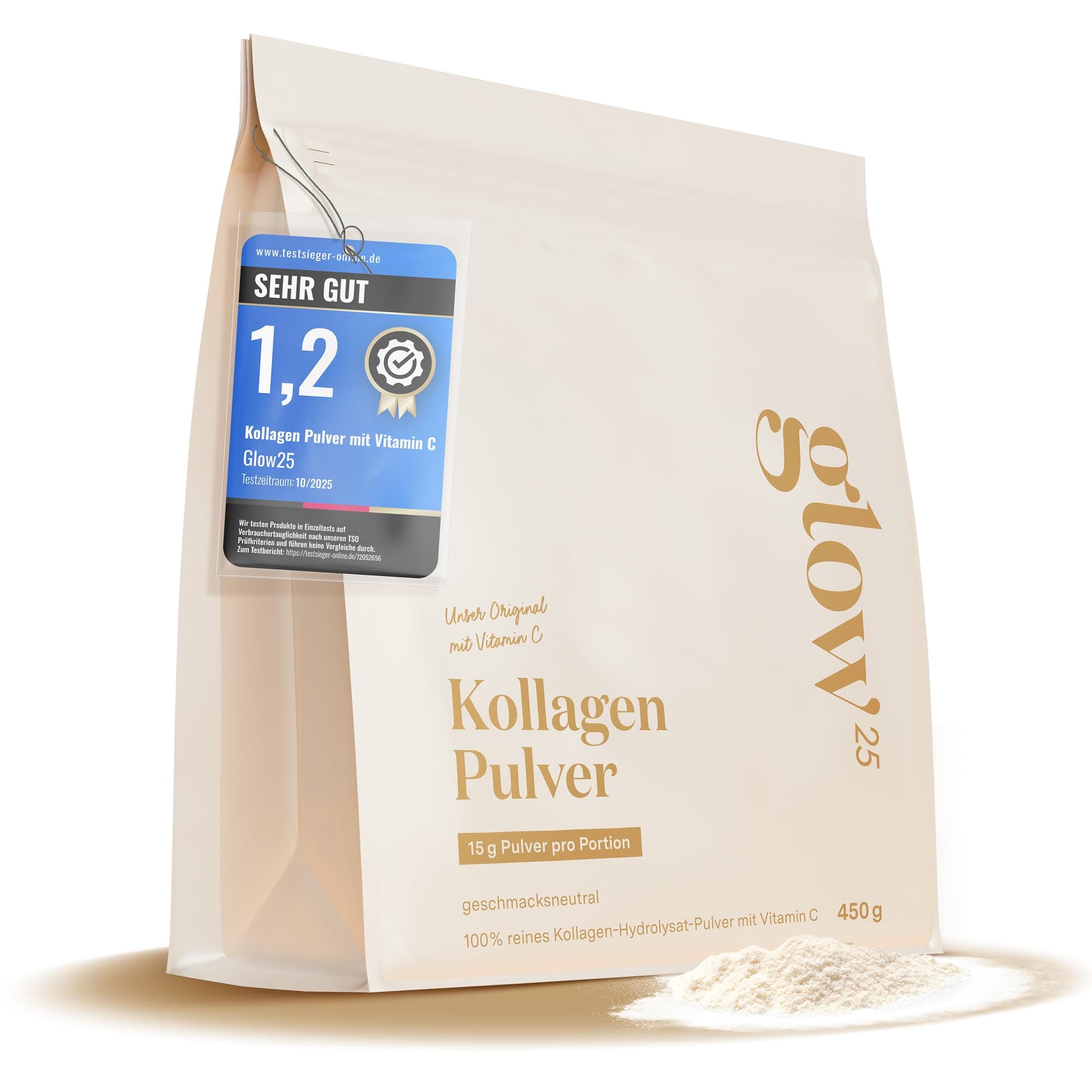 Glow25® Collagen Pulver [450g] – Unser Original – Kollagen Hydrolysat mit Vitamin C – Peptide Typ 1 und 3 – Gute Löslichkeit – Neutral