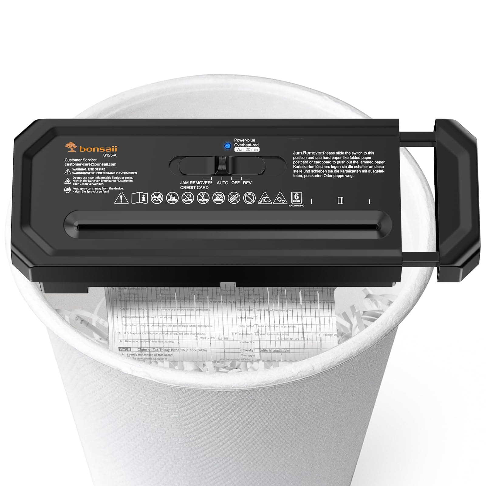 Bonsaii Destructora de Papel sin Cubo, 6 Hojas con Corte en Tiras, S125-A | Ideal para oficina en casa, Tritura tarjetas de crédito, Apta para botes de 31,5–39,5 cm, Compacta y fácil de usar
