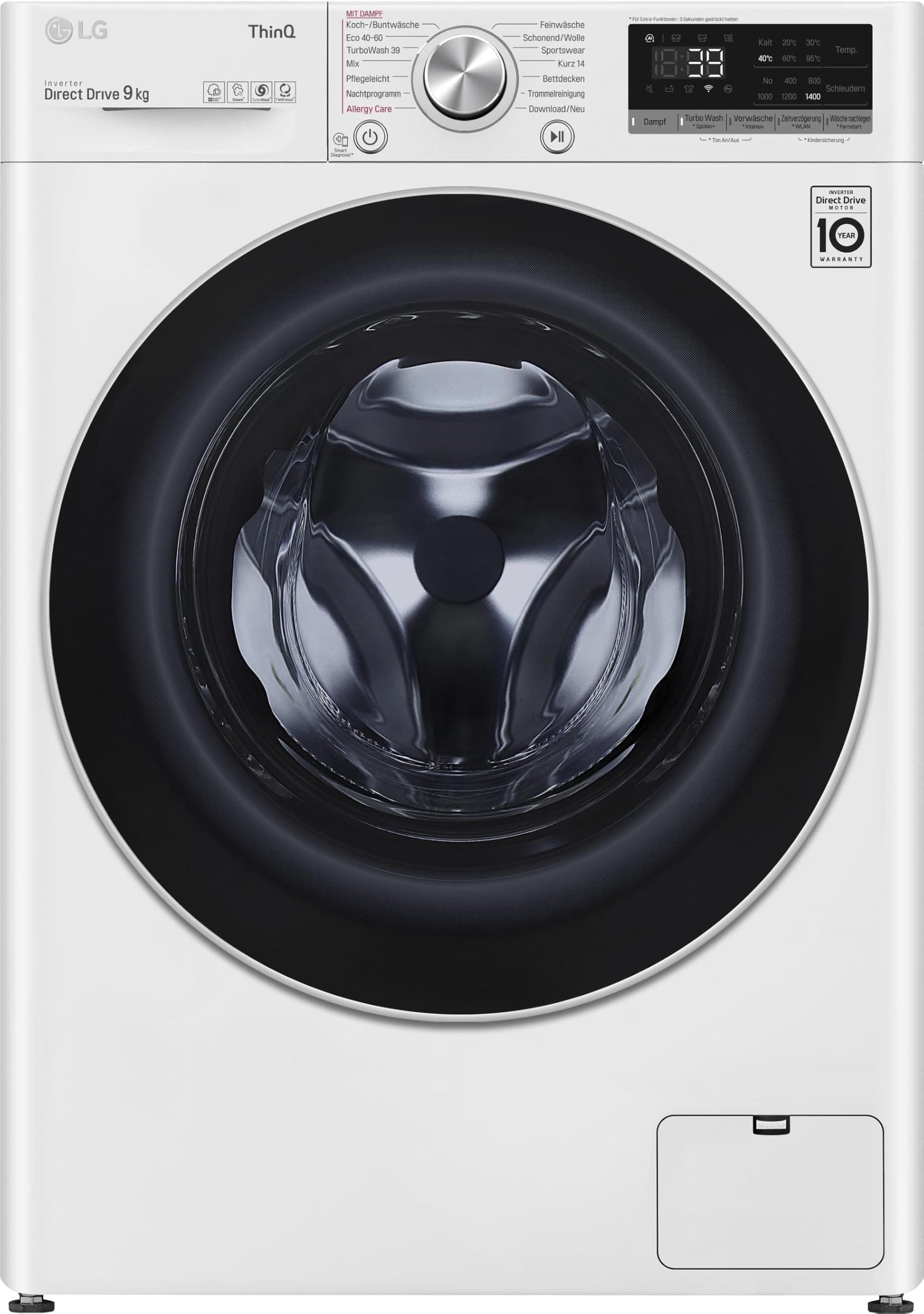 LG F4WV709P1E Waschmaschine (9 kg, Energieklasse A, 1.400 U/Min.) mit AI Wash (AI DD), TurboWash 360, Steam und Allergy Care, Weiß