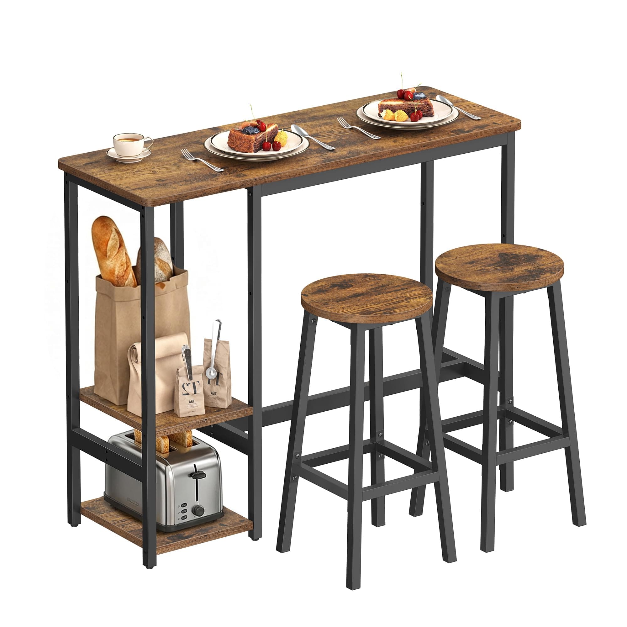 VASAGLE 1 Mesa con 2 Sillas de Cocina, Conjunto de Comedor, con Estantes de Almacenaje, para Salón y Cocina, Marco de Acero, Fácil Montaje, Marrón Rústico y Negro Tinta LBT220KD01