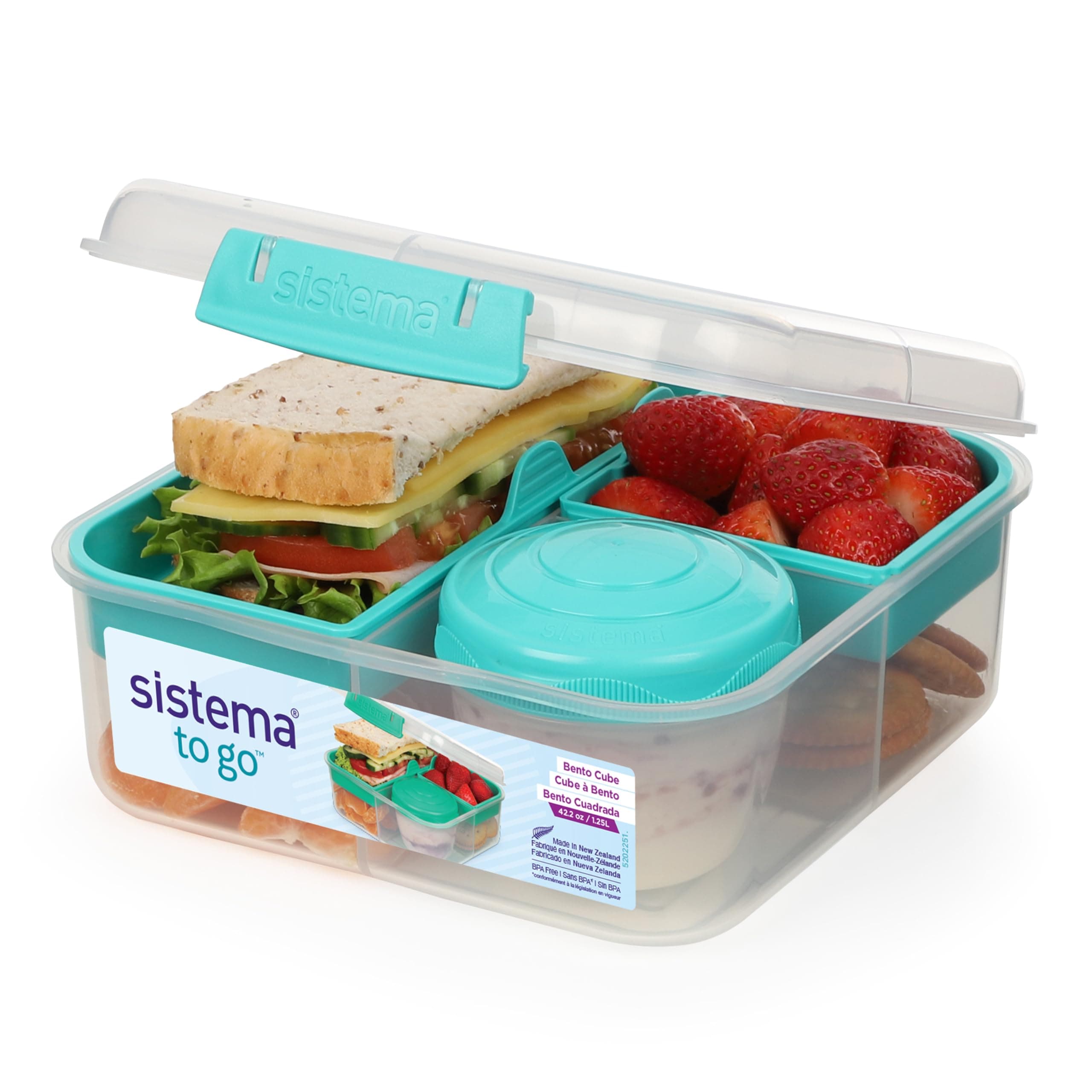 Sistema Bento Box TO GO Brotdose mit Fächern | 1,25 L Lunchbox mit Joghurt-/Fruchtbehälter | Lunchbox Kinder & Erwachsene | Blaugrün