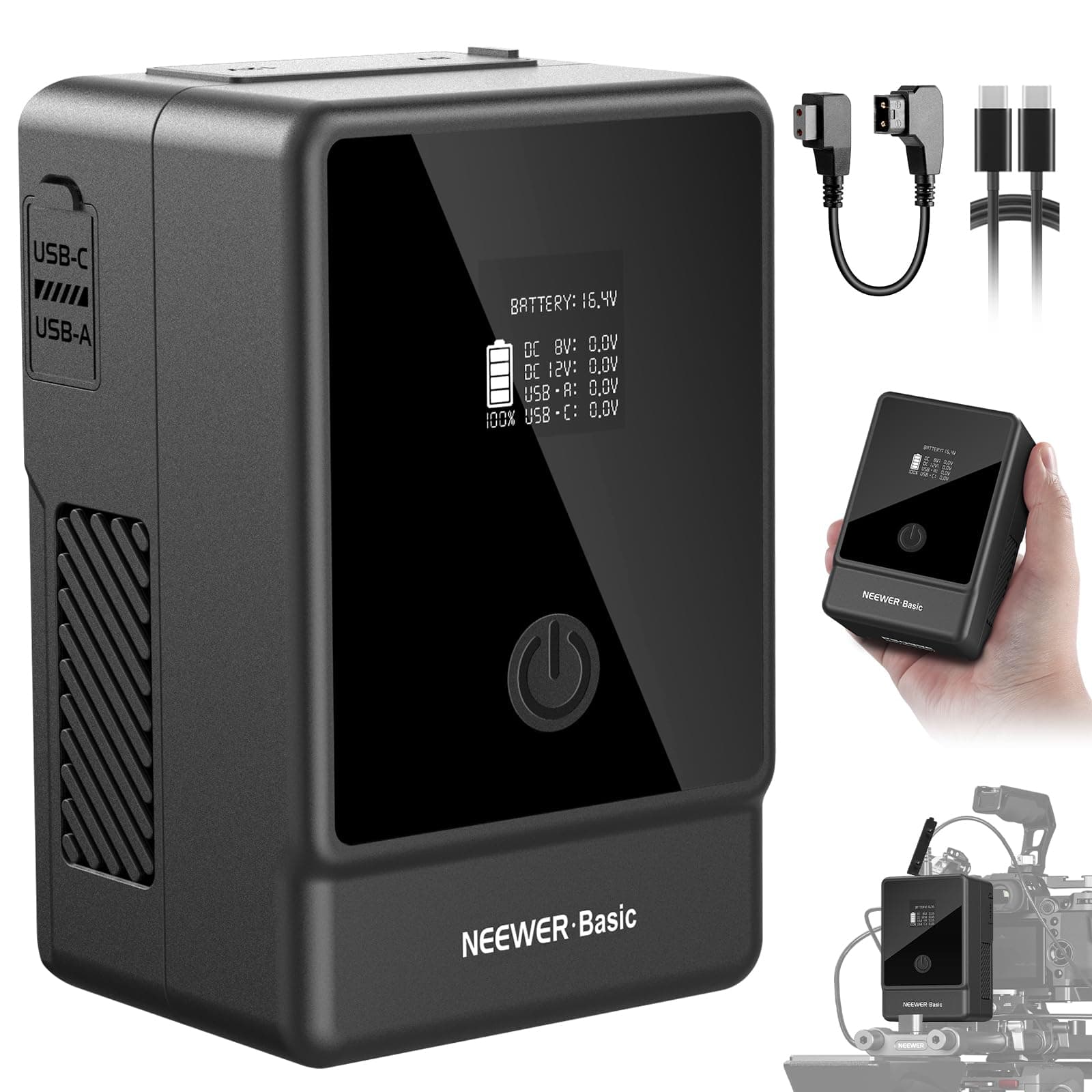 NEEWER Básico PS099E V Mount Batería, 6800mAh/99Wh Mini V Lock con Pantalla OLED, Cable D-Tap/Tipo C, PD65W USB C Carga Rápida, D-Tap/BP/USB A/DC Salida para Monitor Cámara Video, Videocámara, Filmar