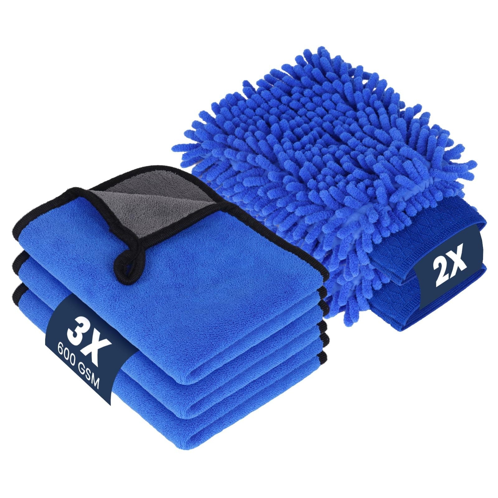 flintronic 5 Pezzi Kit Pulizia Auto, con 3 Pezzi Panno Microfibra Auto e 2 PCS Guanto Lavaggio, 600 GSM Panno e Guanti morbidi a doppia faccia, Senza Graffi per Cura Moto