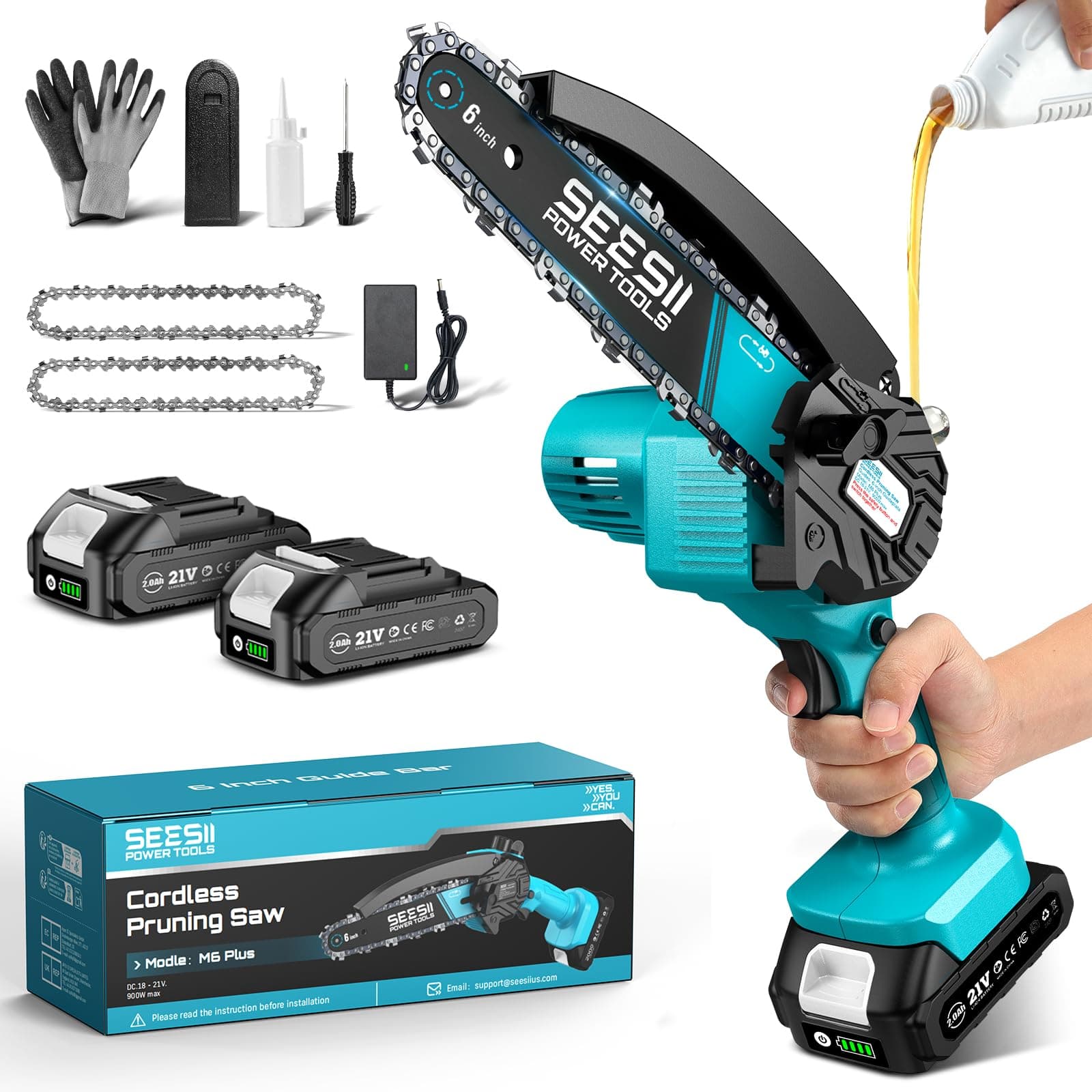 Mini Tronçonneuse à Batterie, Seesii 6 Pouces Tronçonneuse Électrique sans Fil, avec Injecteur de Lubrifiant et 2 Batteries, Mini Scie à Chaîne Électrique Rechargeable, 2 Chaînes