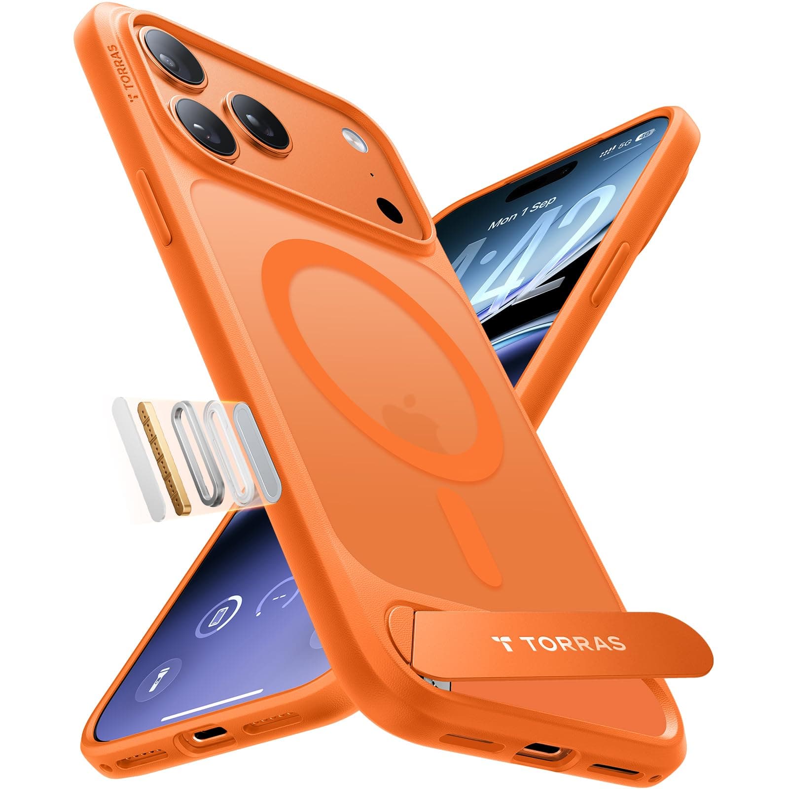 TORRAS Ostand L1 für iPhone 17 Pro Max Hülle mit Flügelständer Kompatibel mit MagSafe-Zubehör 3,66m Zertifizierte Militärschutz Stoßfest Magnetkraft Case für iPhone 17 Pro Max Handyhülle Matt Orange