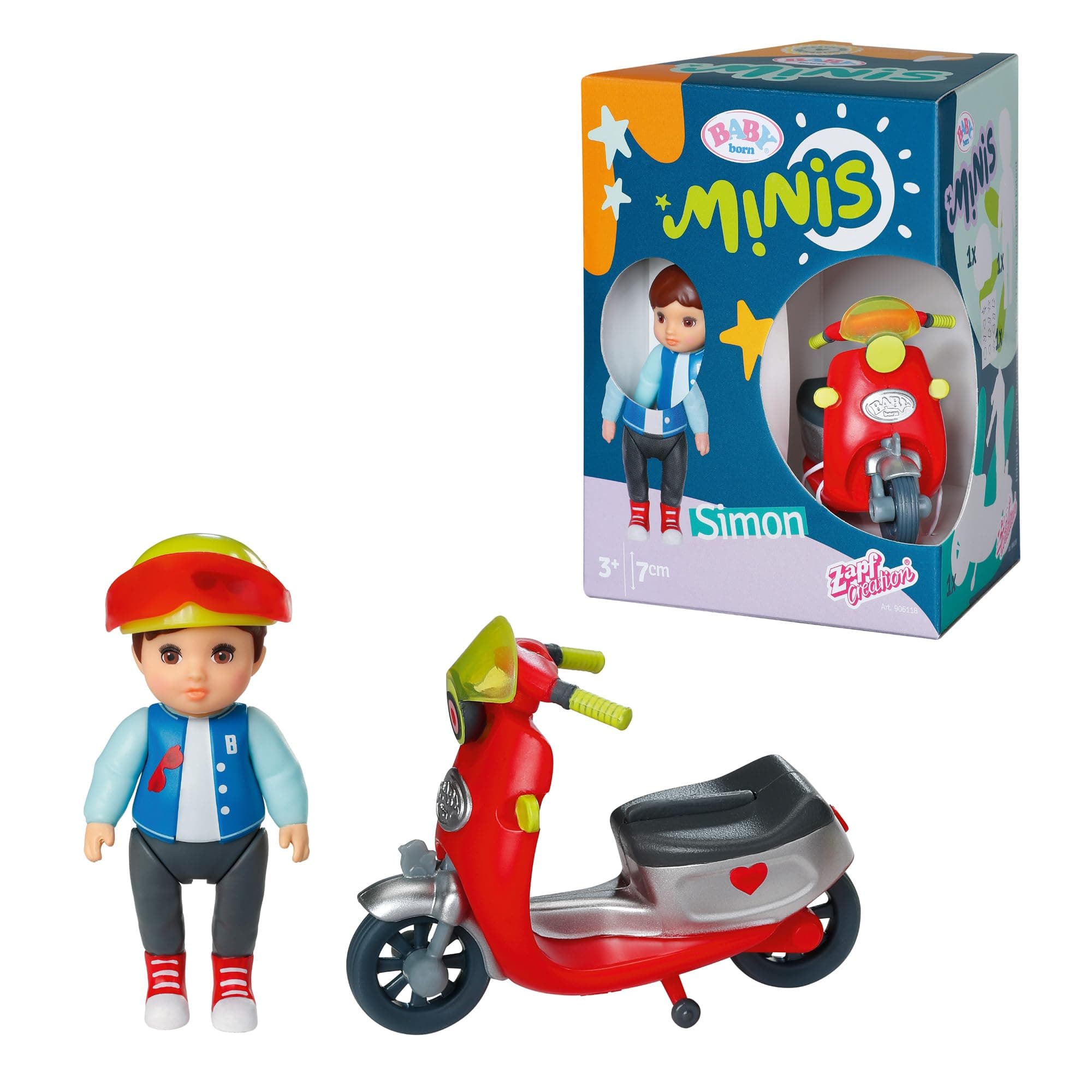 BABY born Minis Scooter-Spielset mit Minis-Puppe Simon mit Roller und Helm, 906118 Zapf Creation