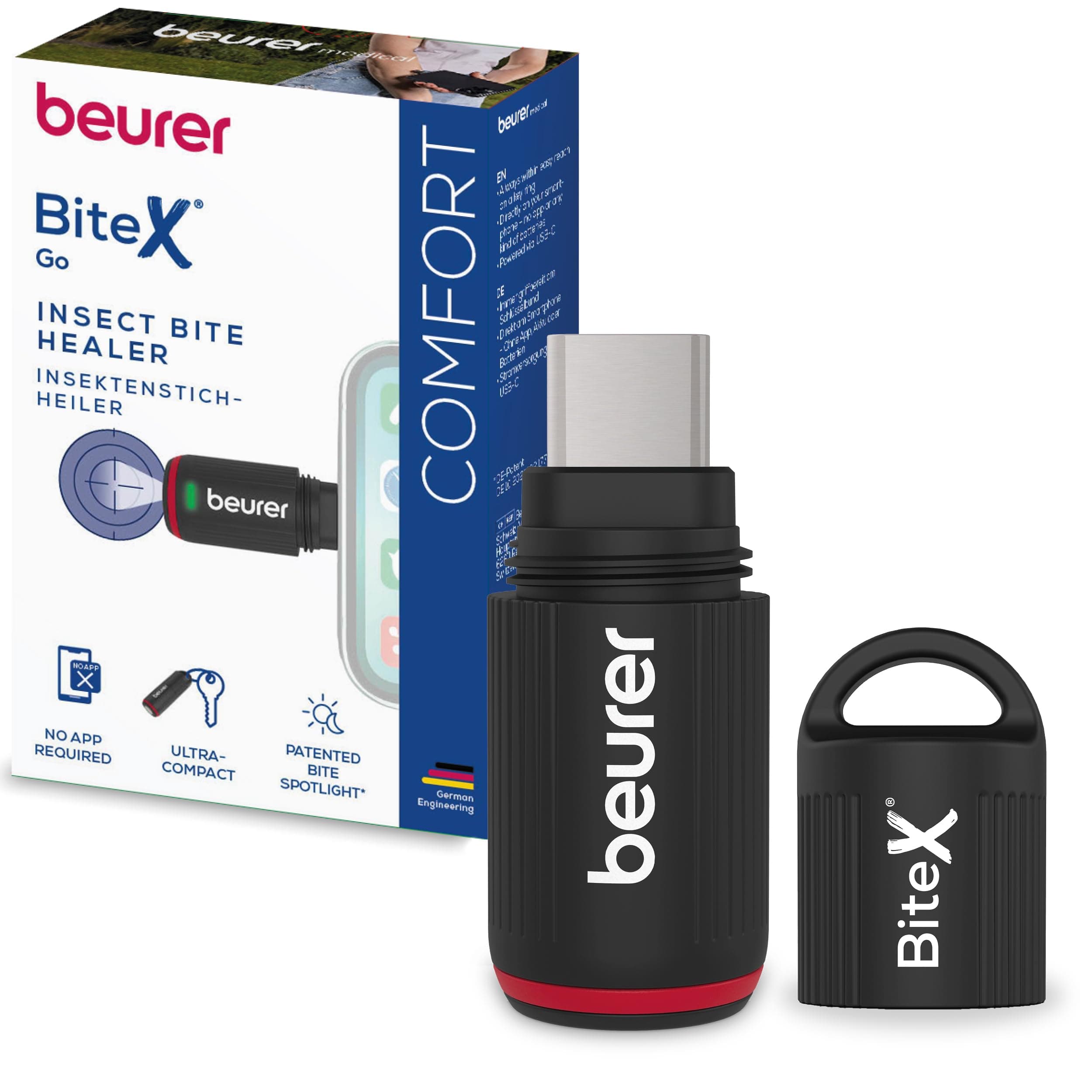 Beurer BiteX Go Deep Black Insektenstichheiler für Smartphone, Mückenstich Hitzestift gegen Juckreiz & Schwellungen durch Wärme, elektrischer Stichheiler Handy für Android & iPhone (USB-C), mit Licht