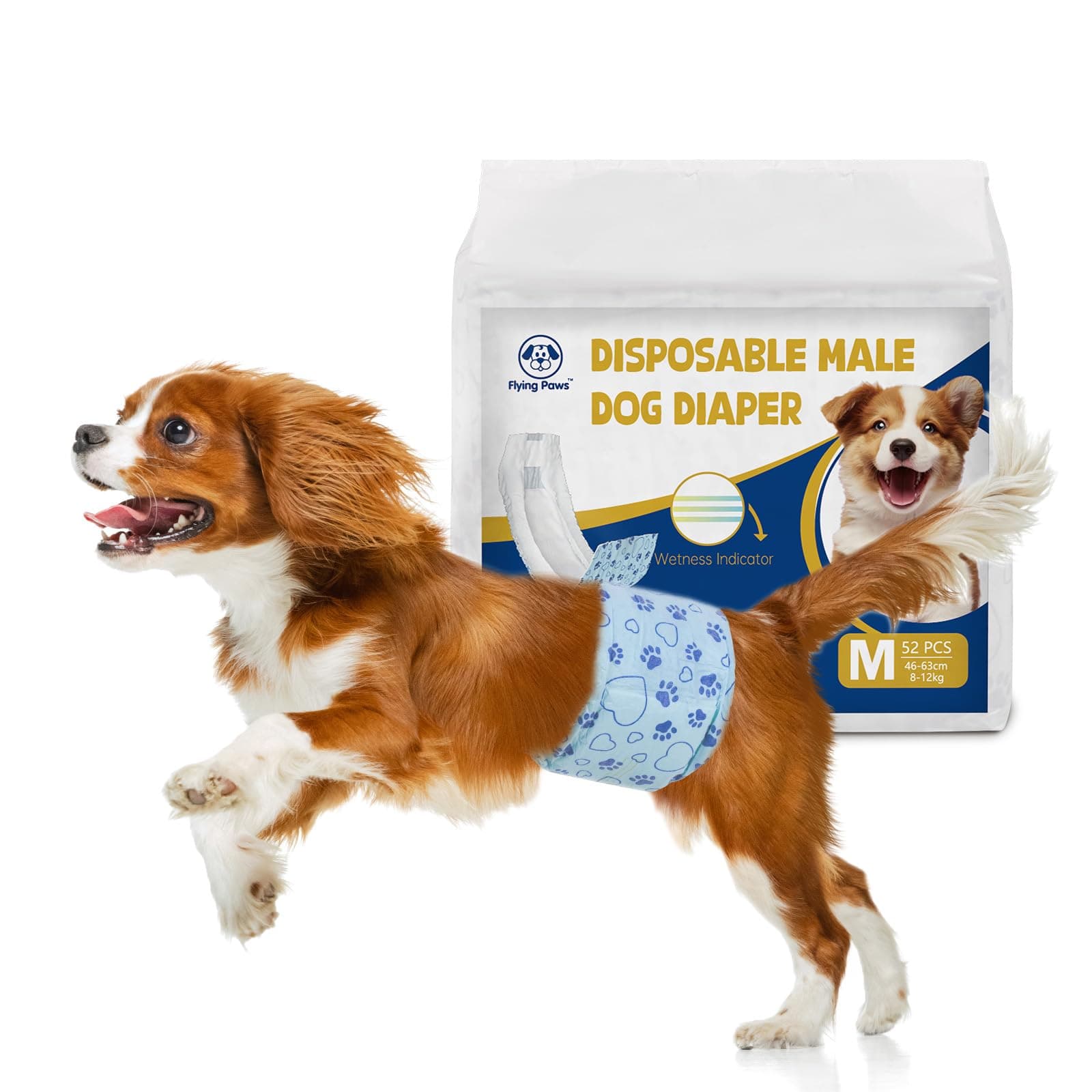 Flying Paws Pannolini per Cani, M-26 Pezzi Assorbenti con Indicatore di Umido, Protezione Antifughe, Ideale per Incontinenza, Viaggi e Addestramento
