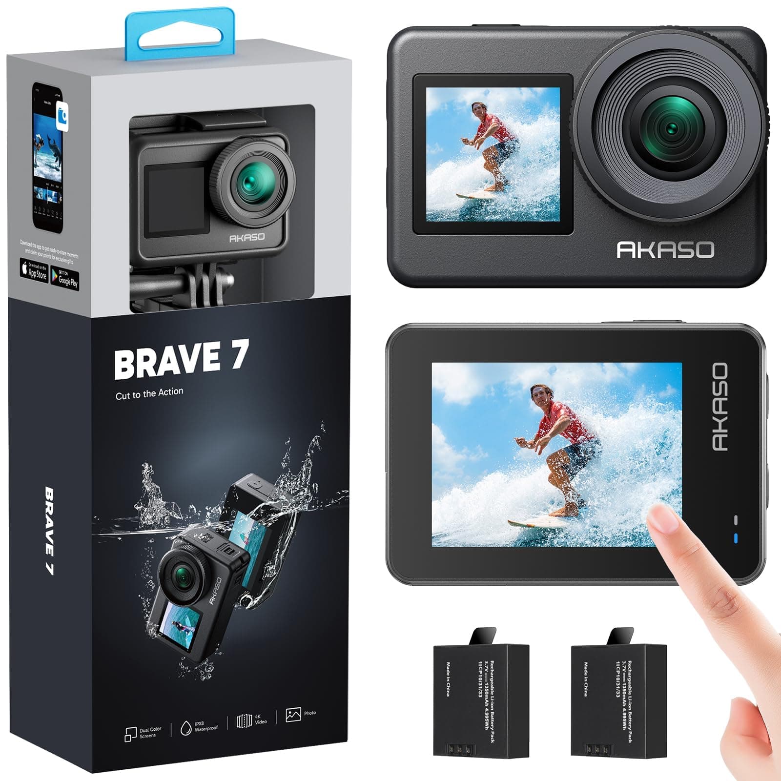 AKASO Caméra Sport 4K 30fps - IPX 8 Etanche Deux Écrans Tactile 20MP Caméra d‘Action, EIS 2.0 Grand Angle Zoom avec Télécommande et 2 Batteries 1350mAh - Brave 7