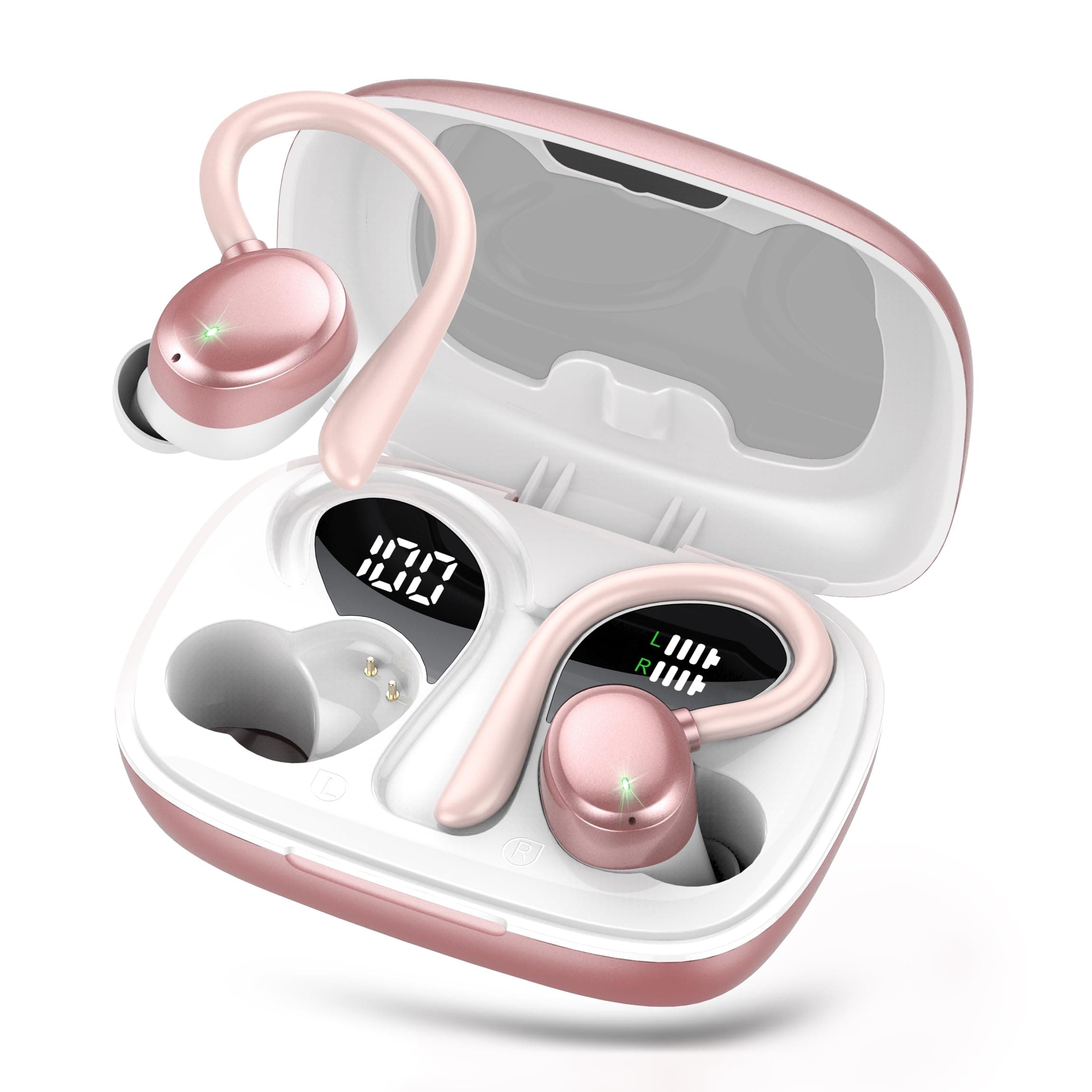 Auriculares Inalambricos, Auriculares Bluetooth 5.3 Deportivos con Gancho de la Oreja, 72H Cascos Inalambricos Bluetooth con Cancelacion Ruido ENC, Pantalla LED, Ajuste Cómodo,IPX7 Impermeable Cascos