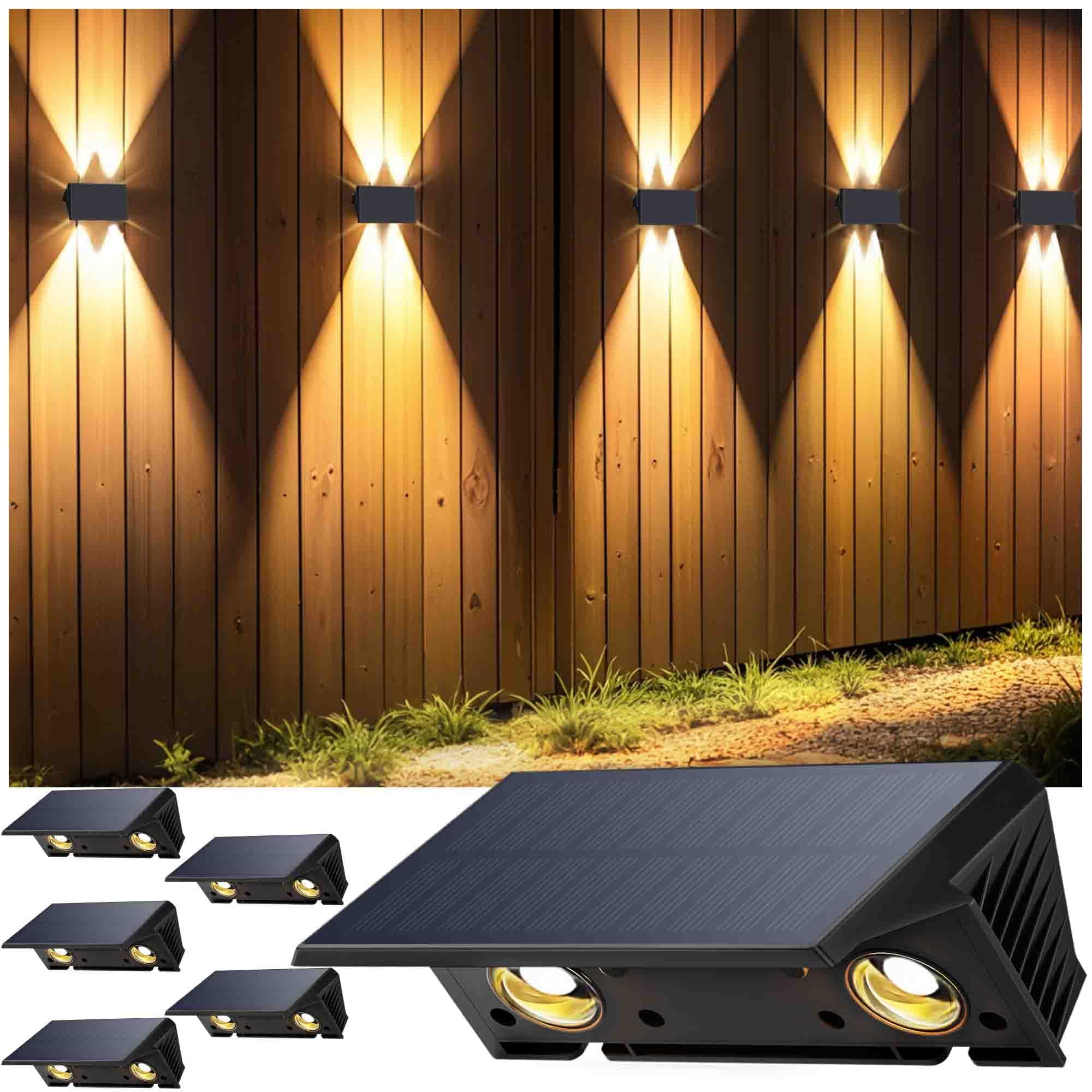 IIRARA Aplique Solar Exterior, Lámparas Solares Exteriores Arriba Y Abajo IP67 Impermeable,Luces Solares Exterior Jardín Inalámbricas De 4 Led Adecuadas Para Patio Balcón Valla 6*Blanco CáLido