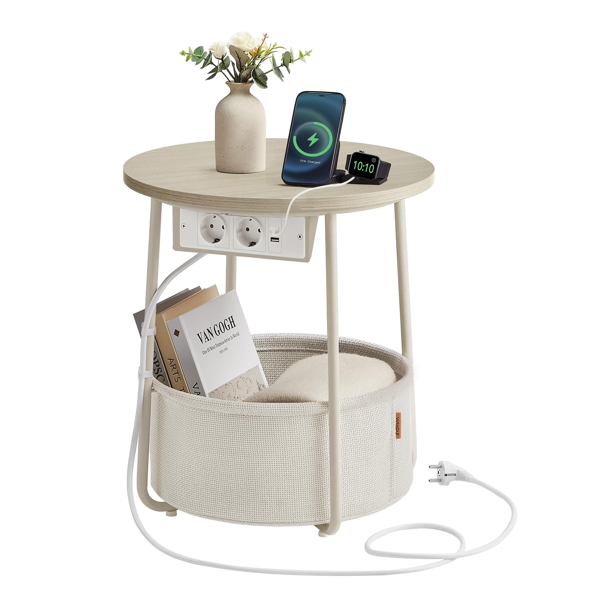 VASAGLE Beistelltisch rund, Kleiner Tisch, Couchtisch mit Steckdose, Wohnzimmertisch, Korb aus Stoff, Stauraum für Wohnzimmer Schlafzimmer, Nachttisch modern, naturbeige-cremeweiß LET228LL01
