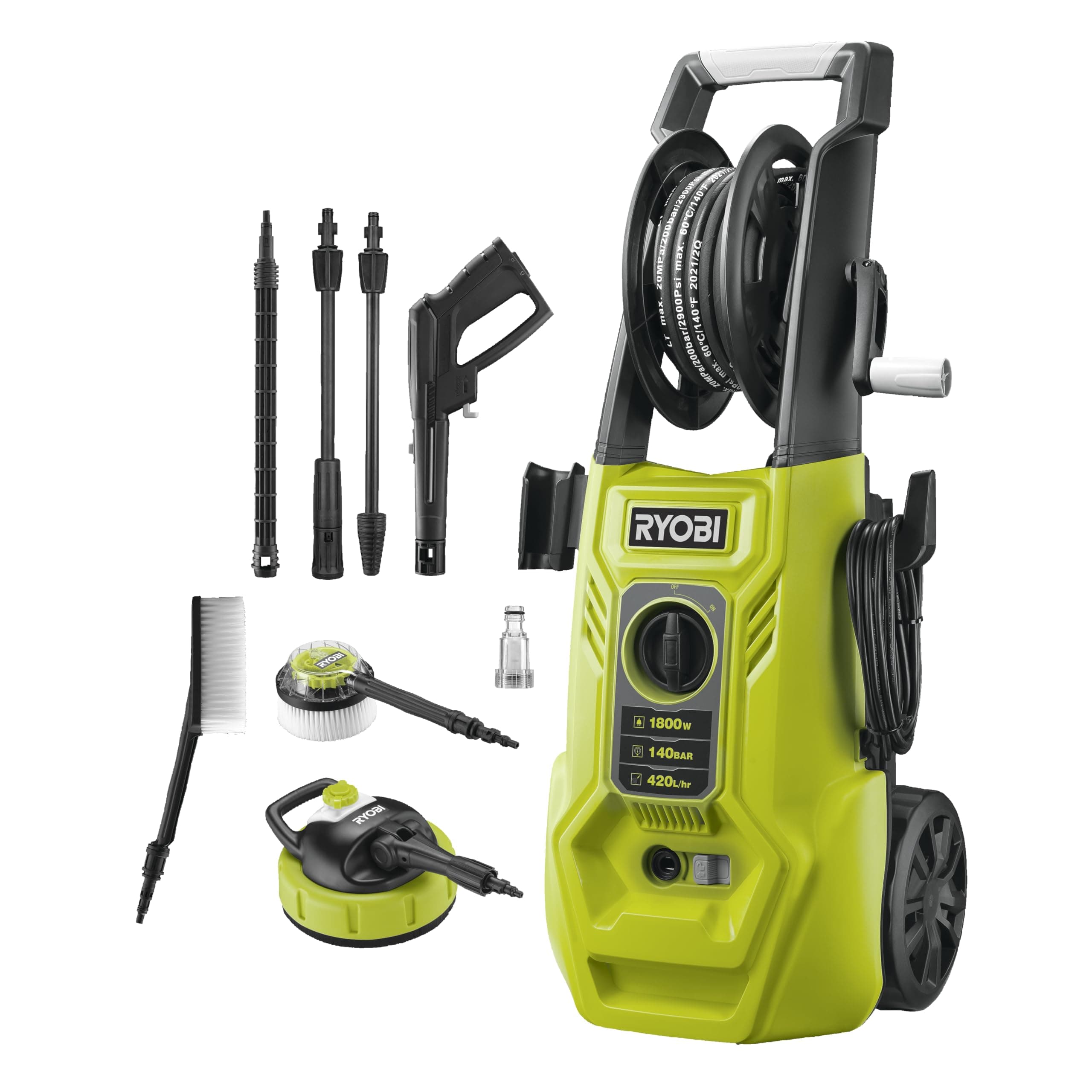RYOBI - Nettoyeur Haute Pression 1800 W - 140 Bars - 420 L - Flexible 6 m - Enrouleur - réservoir détergent intégré - Lance Vario & Turbo - Brosse Multi-Surfaces - Brosse rotative - RY140PWA-P