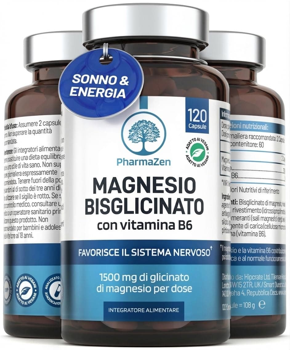 Magnesio Bisglicinato 1500 mg con Vitamina B6 – Supporta Sistema Nervoso, Stress e Stanchezza – Alto Dosaggio 300 mg di Magnesio Puro – 120 Capsule – Integratore Glicinato Chelato – Vegano – PharmaZen