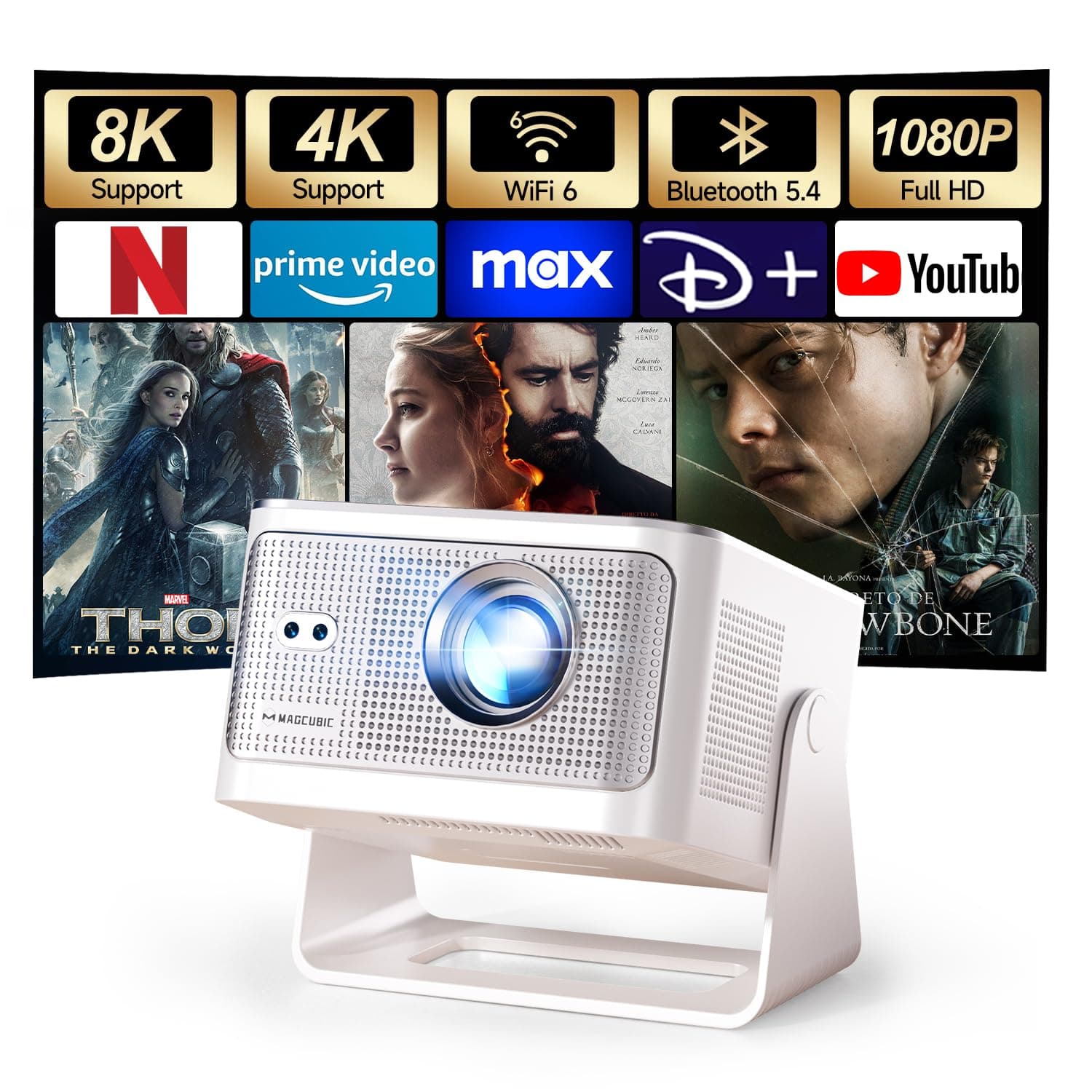 Magcubic HY350Max Mini Videoprojecteur 4K 8K Supporte, 1080P Projecteur Video avec WiFi 6, Bluetooth 5.4, 600 ANSI, Mise au Point Automatique Correction Trapézoïdale, Retroprojecteur Rotation 180°