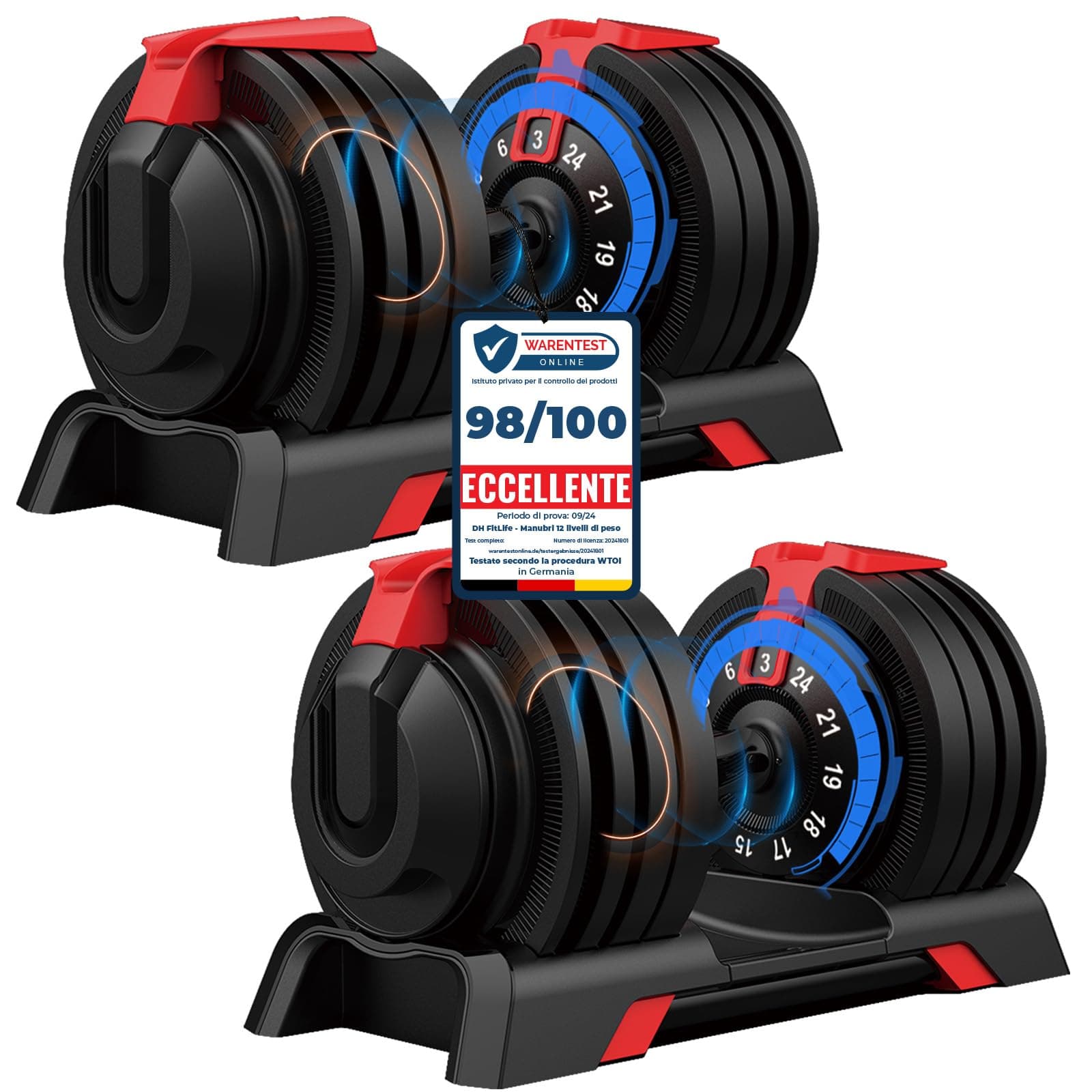 DH FitLife Manubri Regolabili 24 kg, Regolazione Rapida, 12 Livelli da 3 a 24 kg, Set Manubri Palestra in Ghisa, Impugnatura Antiscivolo, Salvaspazio per Palestra Casa