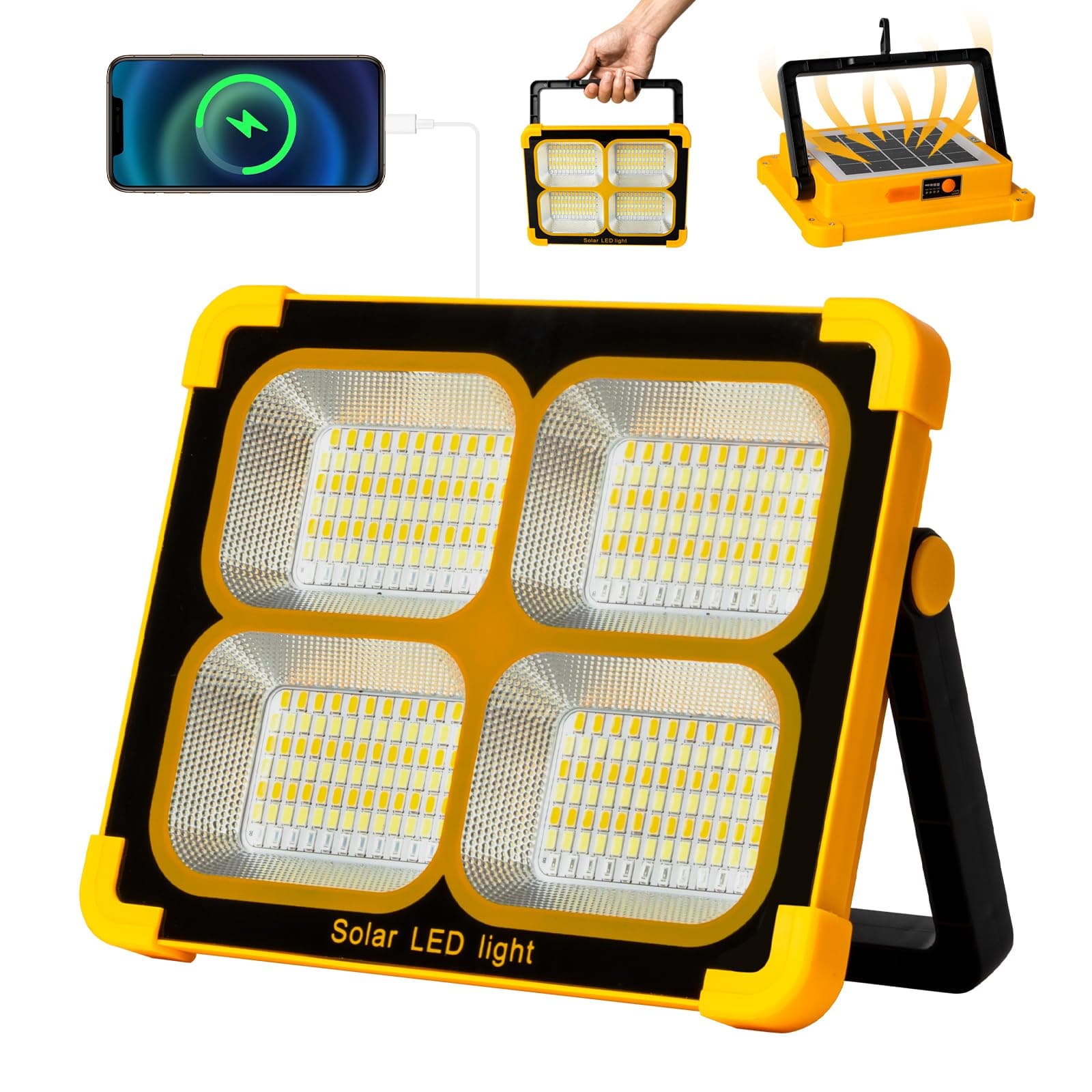 Faro Led Ricaricabile 100W, 10000LM Faretto a Batteria con Pannello Solare, 12000mAh Ricarica USB Lampada da Luce Lavoro LED, 4 Modalità di Illuminazione, Ideali per Campeggio, Garage, Emergenza