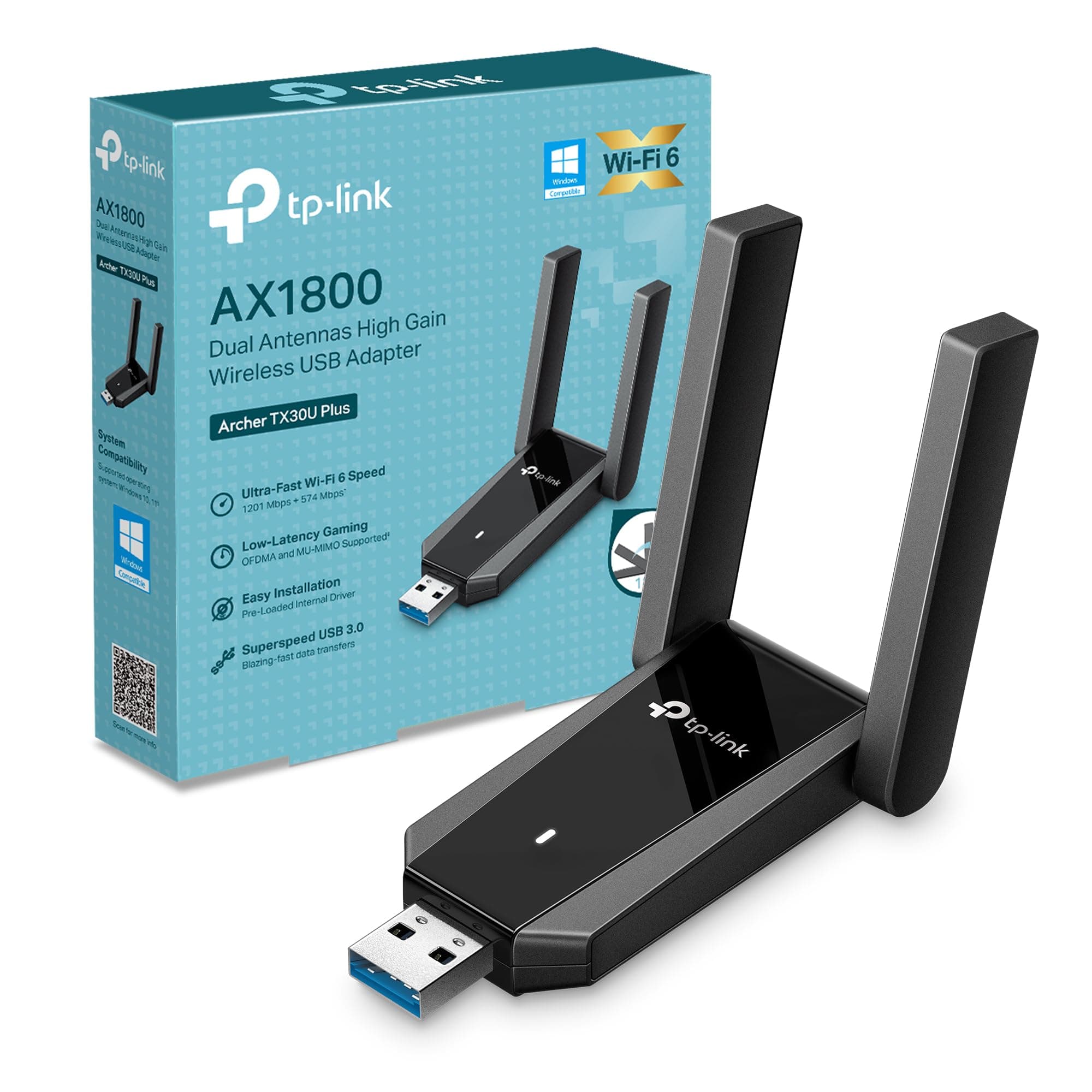 TP-Link Archer TX30U Plus WiFi 6 WiFi USB 3.0 AX1800Mbps, 2 Antenne ad Alto Guadagno Multi-Direzionale, Wireless Dual Band 5GHz 1201 Mbps+ 2.4GHz 574 Mbps, Supporta Windows 11/10, MU-MIMO, OFDMA