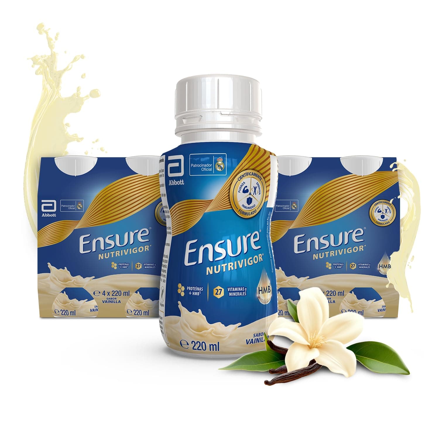 Ensure Nutrivigor - Complemento Alimenticio para Adultos, con HMB, Proteínas, Vitaminas y Minerales, como el Calcio - Sabor Vainilla - Pack de 8 Botellas x 220 ml