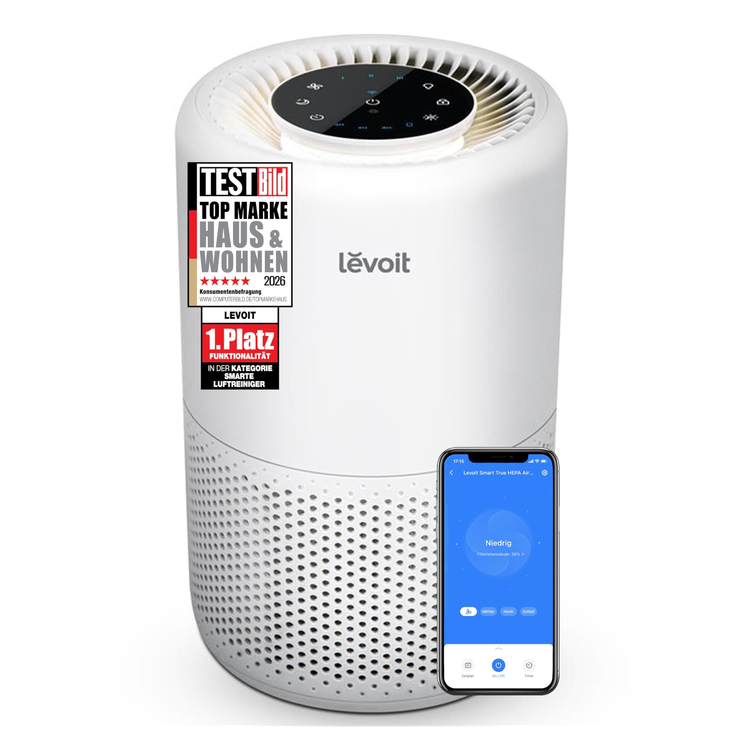 Levoit Luftreiniger 3-in-1 HEPA Filter, Luftfilter gegen Schimmel, Staub, Pollen und Gerüche, Air Purifier für Schlafzimmer, App Steuerung und Timer, Schlafmodus und Nachtlicht, bis zu 31.5㎡, Mattweiß