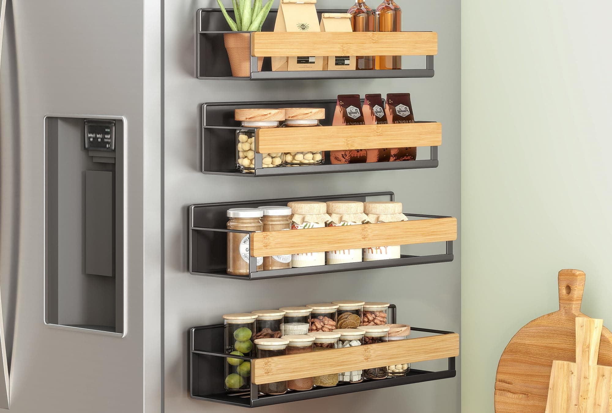 SONGMICS Gewürzregal magnetisch, 4er Set, 2 große und 2 kleine Regale, Gewürz-Organizer ohne Bohren, Magnetregal, für Küche, Kühlschrank, Mikrowelle, Waschmaschine, tintenschwarz-naturbeige KCS062BH01