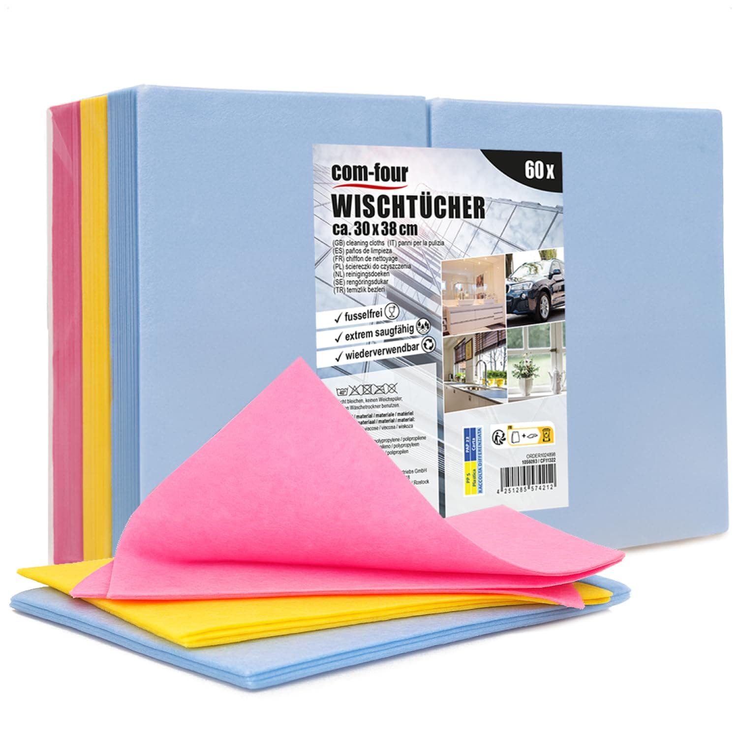 com-four® 60x Serviettes de ménage - Chiffons de Nettoyage extrêmement absorbants et durables en Viscose - lingettes Tout Usage en 3 Couleurs - réutilisables (30x38-60 pièces - 3 Couleurs)