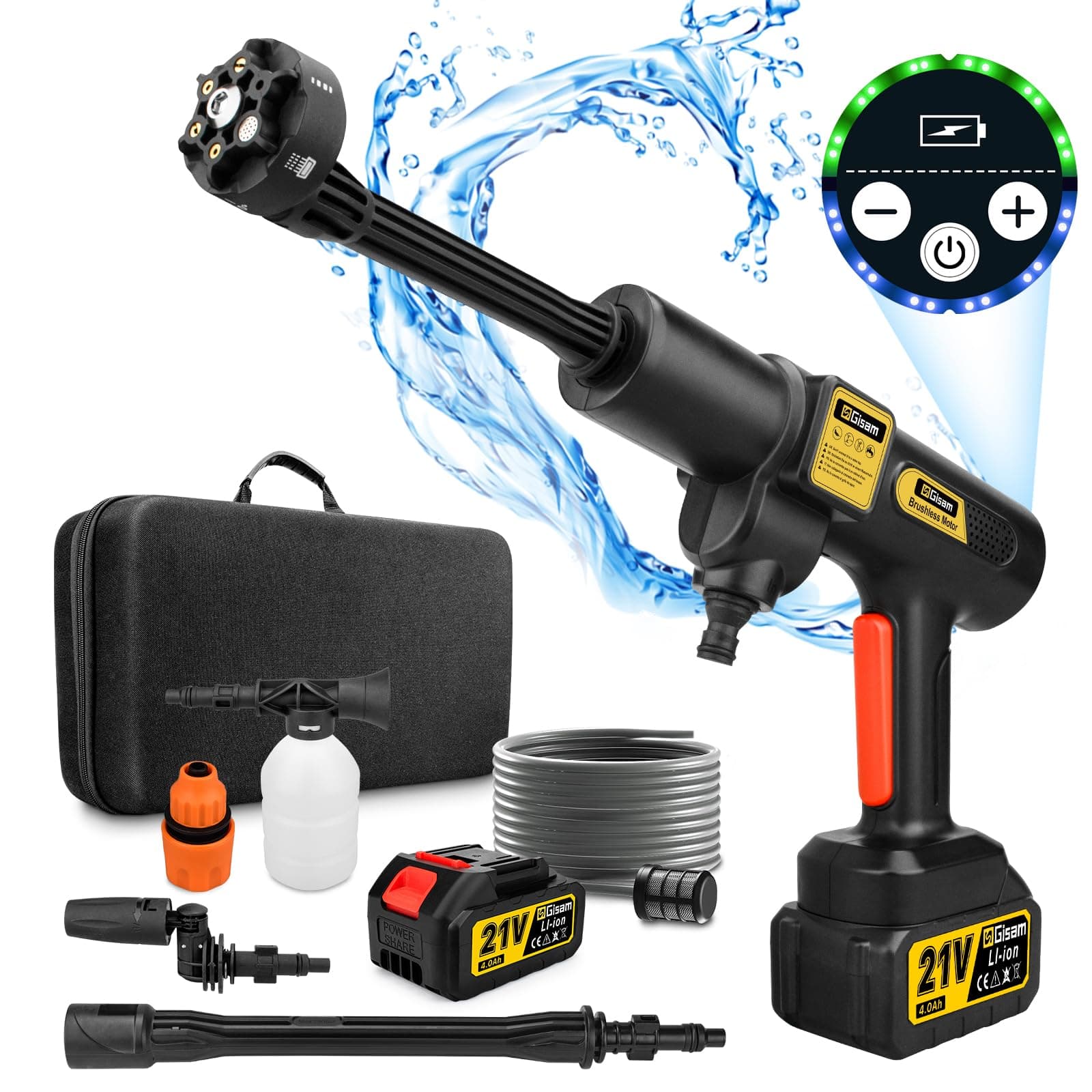 Gisam Hidrolimpiadora de Alta Presión, Hidrolimpiadora Portatil MAX 65 Bar con 2 x 4000mA Baterías, Pulverizador de Espuma, 6 en 1 Boquilla Multiusos y 180° Boquilla Giratoria (Gisam-01)