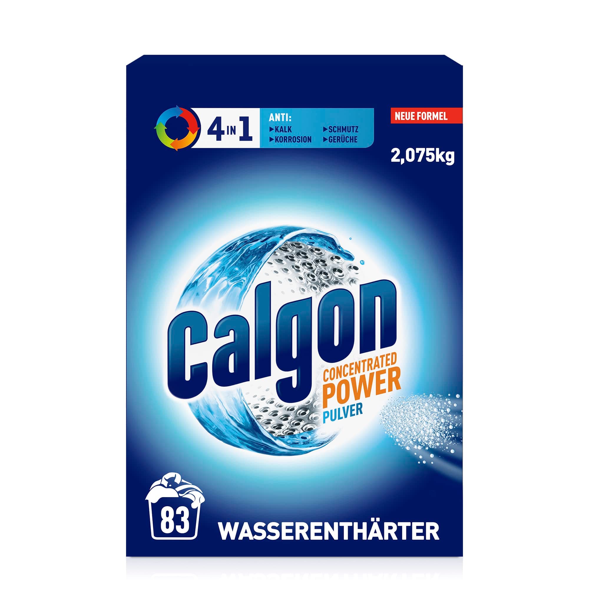 Calgon 4-in-1 Power Pulver – Wasserenthärter gegen Kalkablagerungen, Schmutz und Korrosion in der Waschmaschine – Beugt unangenehmen Gerüchen vor – 1 x 2,075 kg
