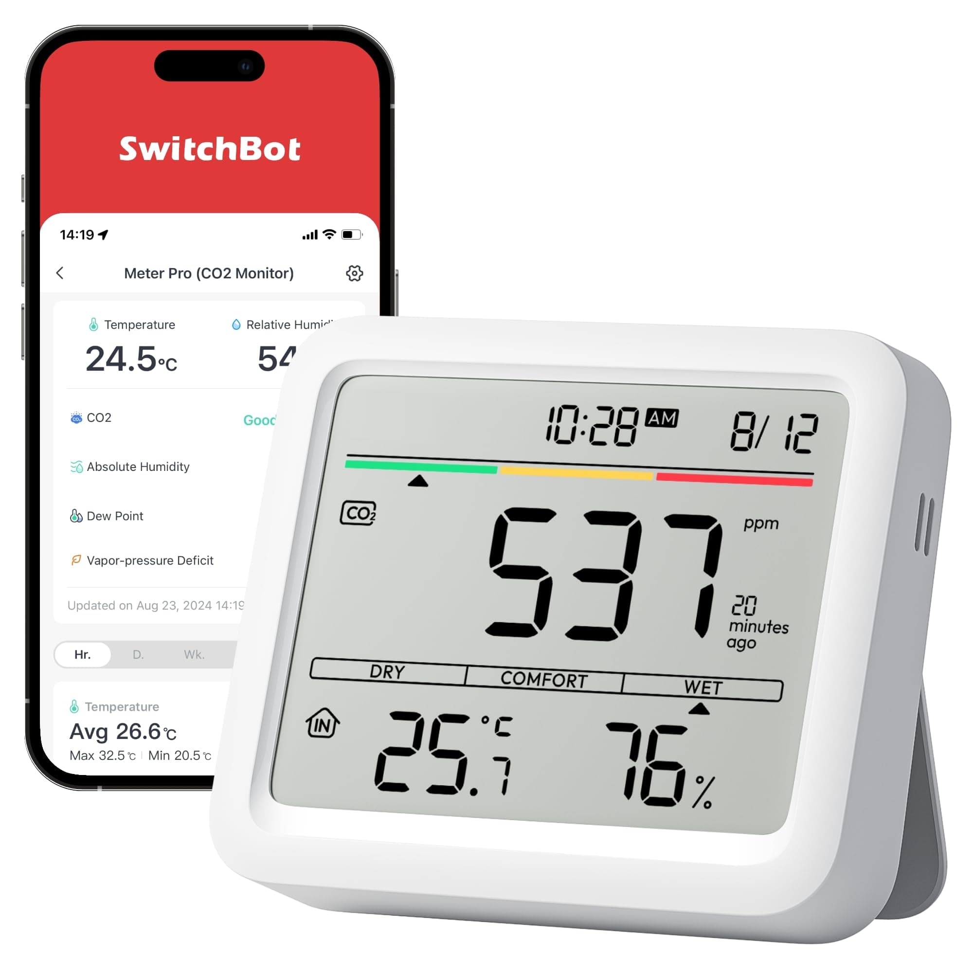 SwitchBot rilevatore di CO2, termometro ambiente interno con sensore CO2, ampio display, tester di qualità dell'aria Bluetooth, igrometro umidità casa