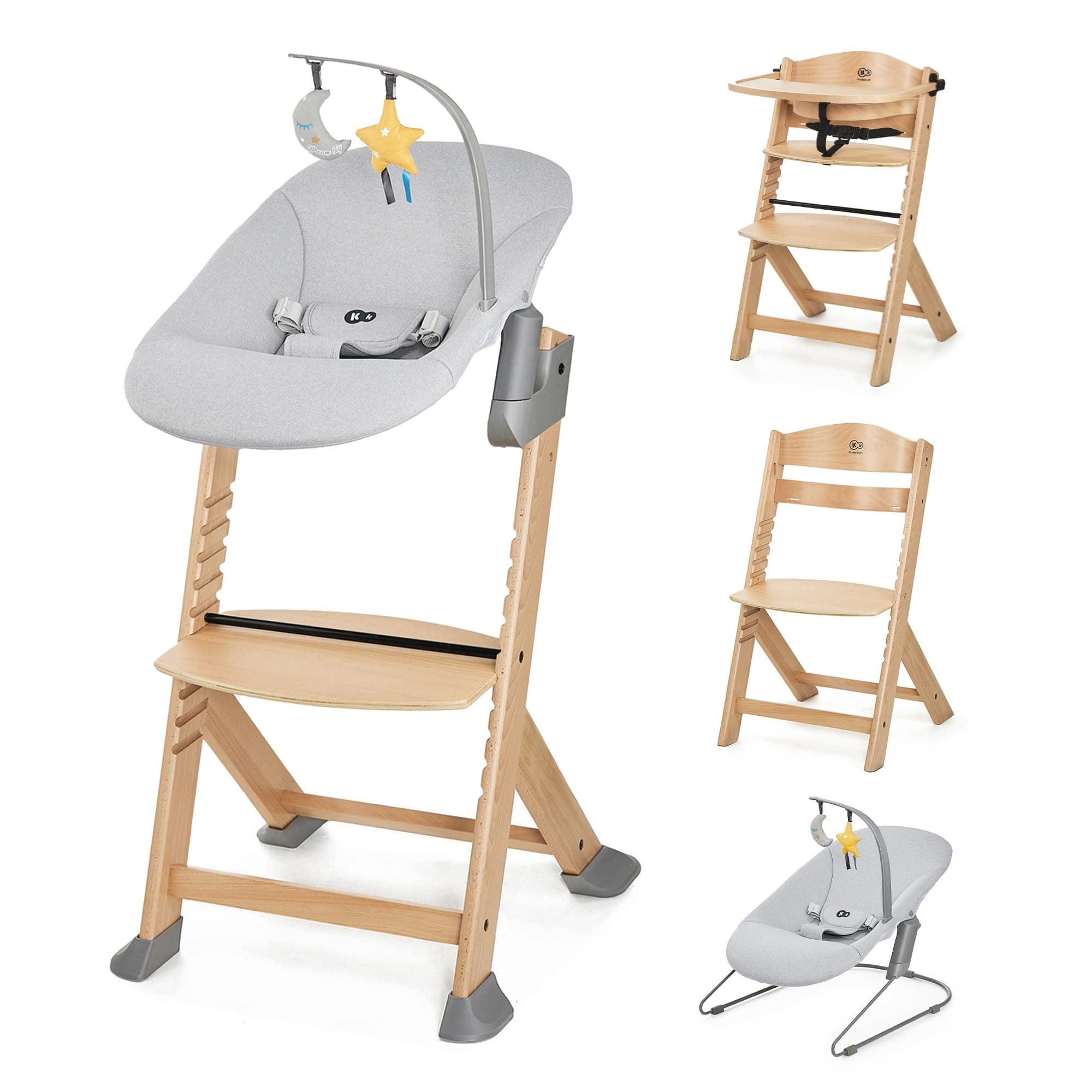 Kinderkraft ENOCK Chaise Haute Bébé + Transat CALMEE, en Bois Naturel, Chaise d'alimentation, Évolutive, Réglable, Puericulture Bébé, Très Solide, Design Universe