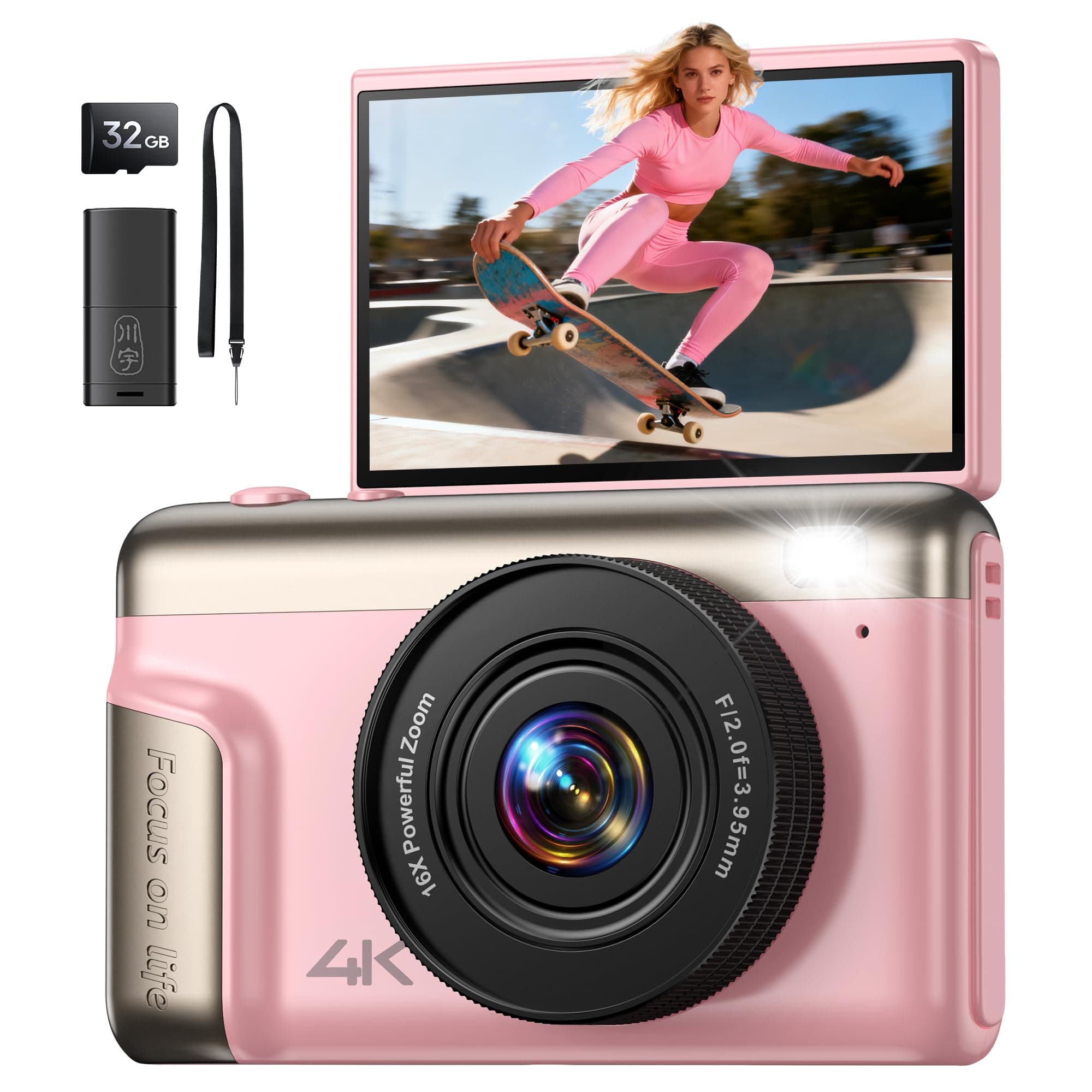 4K Cámara fotográfica Digital: 64 MP compacta videocámara Vlog con 16X Zoom Autofocus – Regalos para Principiantes Adultos – 180° Flip Máquinas fotográficas Niñas Niños Rosa