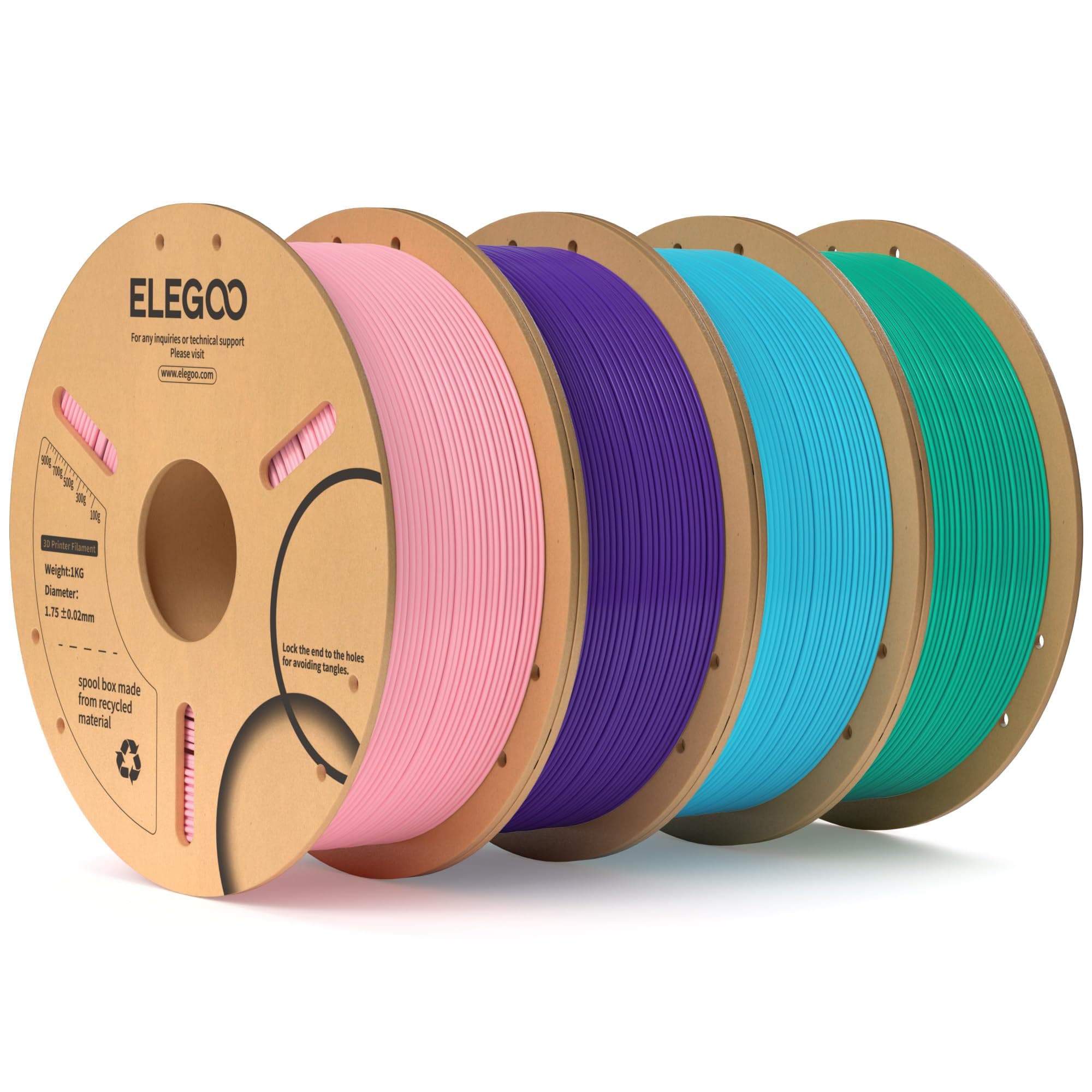 ELEGOO PLA Filament 1.75mm Rosa Lila Himmelblau Seegrün 4 KG, 3D Drucker Filament Maßgenauigkeit +/- 0,02 mm, 1kg Pappspule (2.2lbs) Filament-3D-Druckmaterialien Passt für die Meisten 3D Printer
