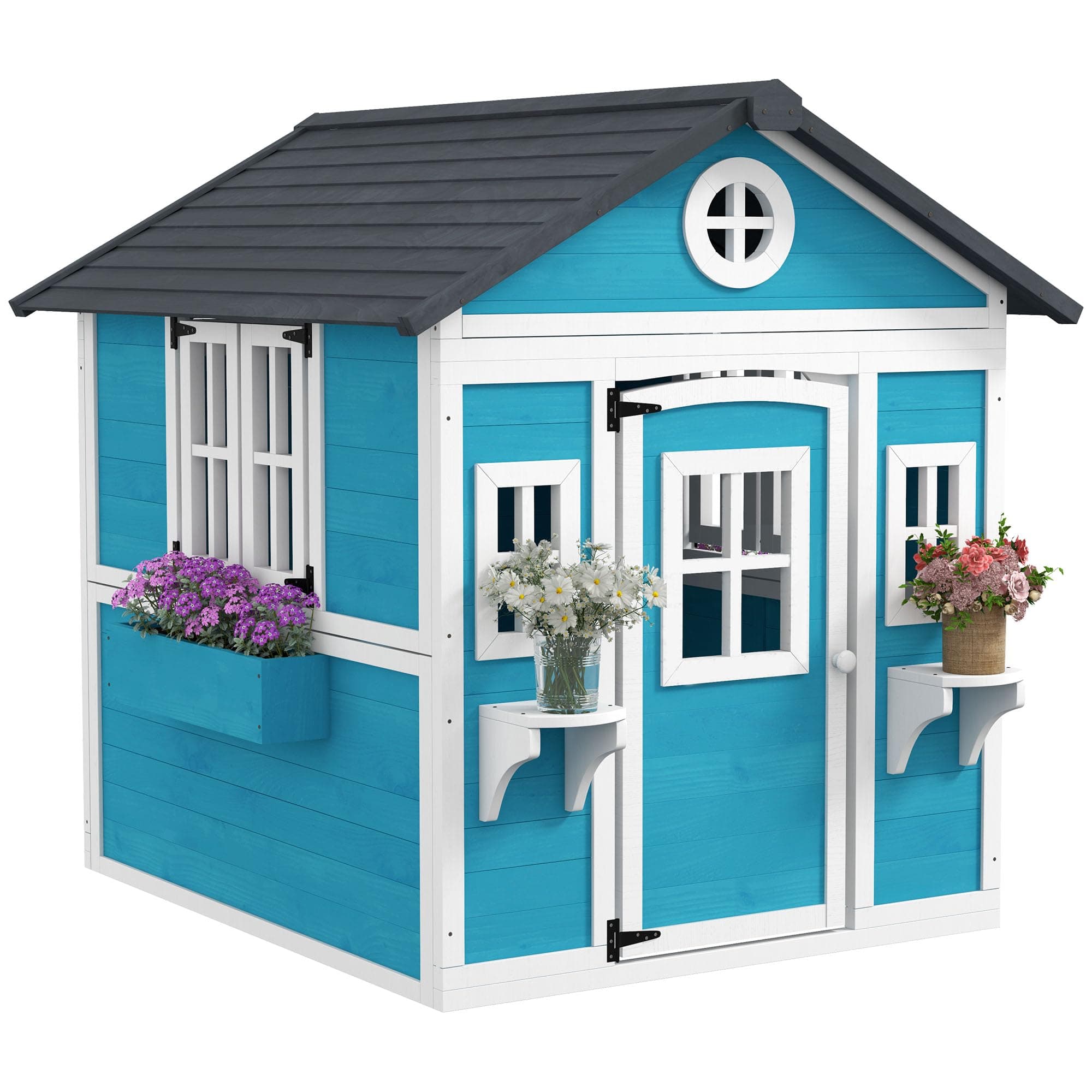 Outsunny Cabane Enfant extérieur, Maison Enfant extérieure, avec Porte, fenêtres et jardinières, cabane de Jardin pour Enfant 3-8 Ans, 114 x 126,4 x 135 cm, Bleu
