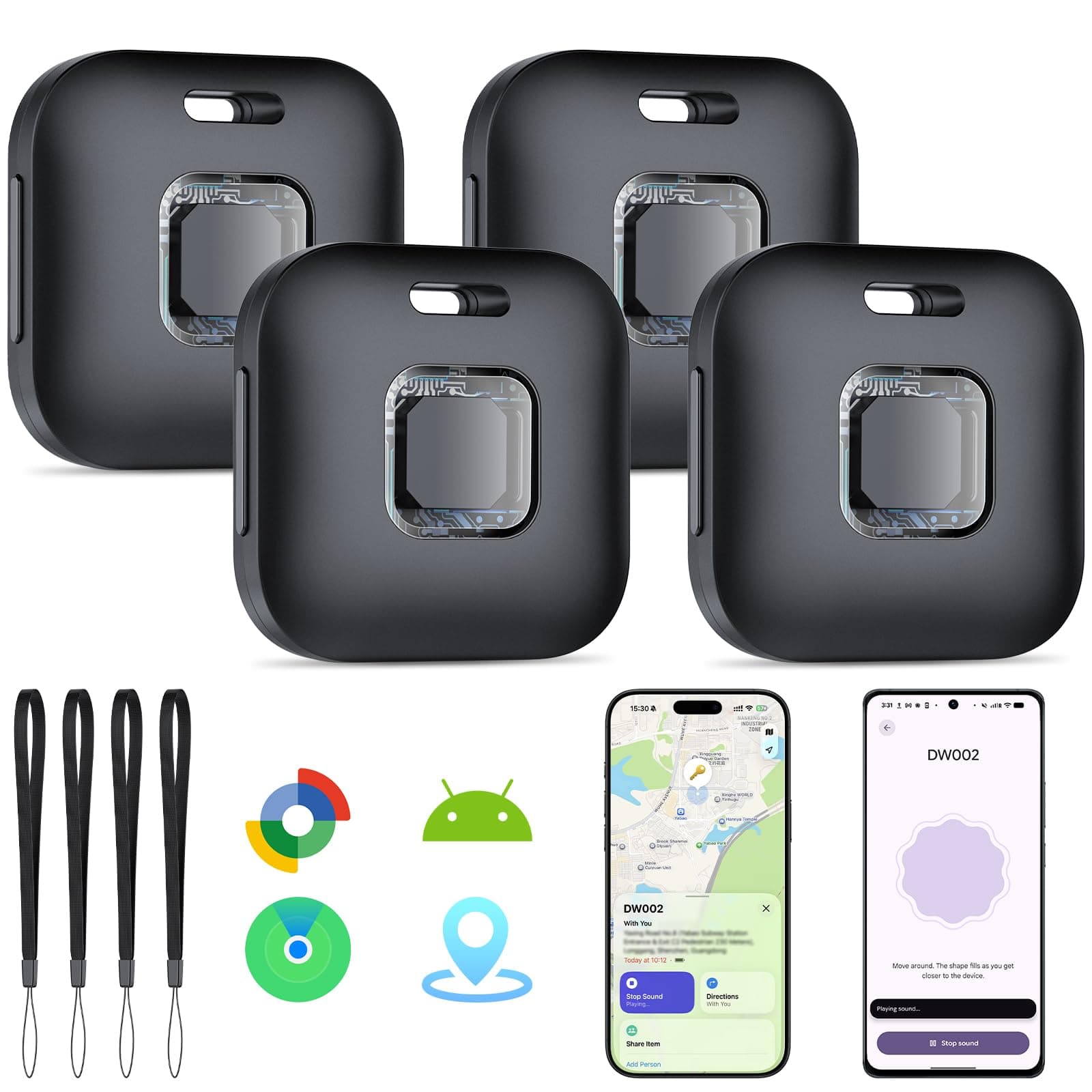 2026 [Certifiée par Apple et Google] Tracker Tags Lot de 4 (Noir), Hoxe Bluetooth Smart Tag Traceur Compatible Apple Find My et Google Android Find Hub, Localisateurs D'objets pour Valises/Clés/Sacs