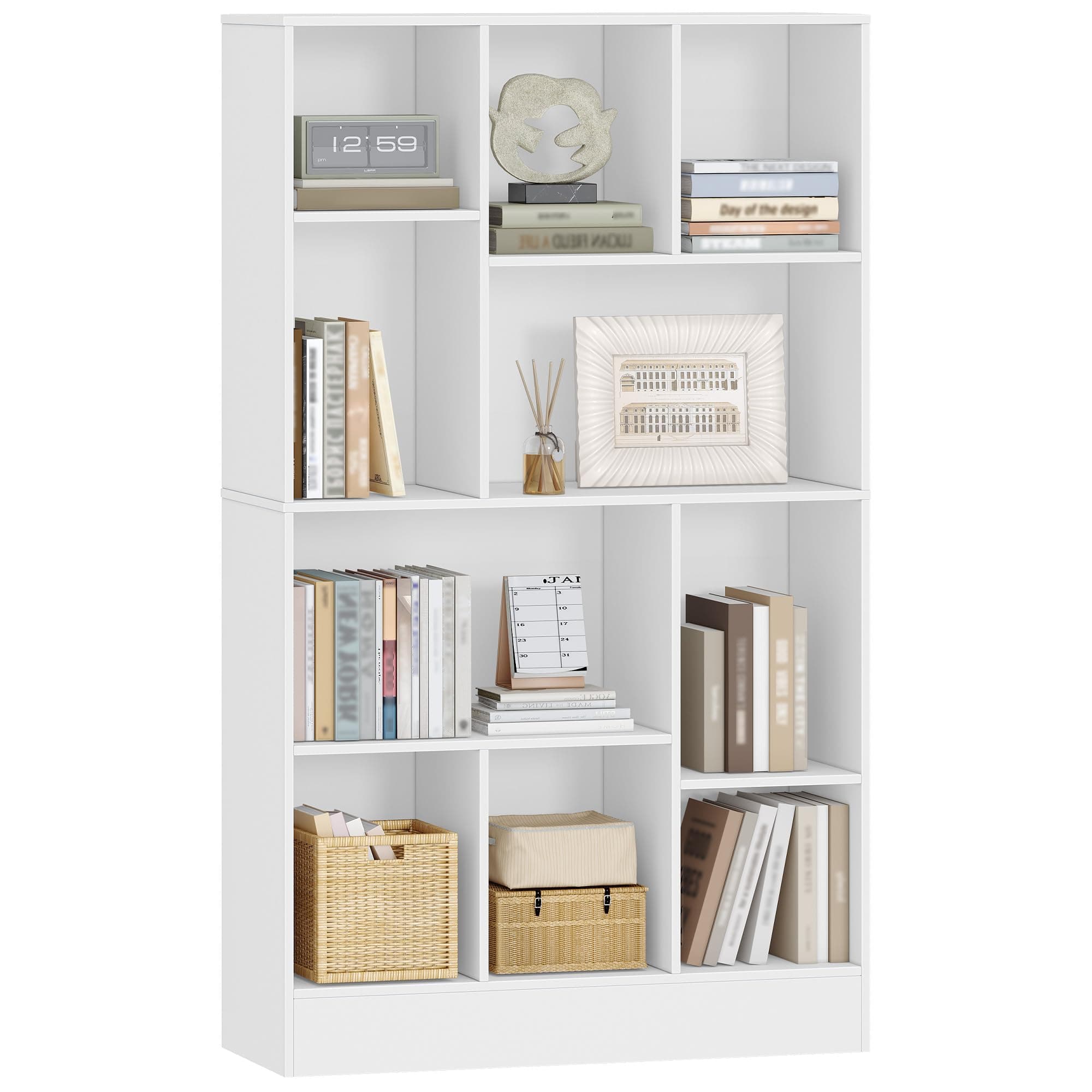 HEXCELEN Bibliothèque, Meuble de Rangement Livres, 10 Compartiments, Etagère Cubique, Vertical et Horizontal 2 Types de Placement, pour Bureau, Salon, Chambre, 30 x 80,2 x 136 cm, Blanc