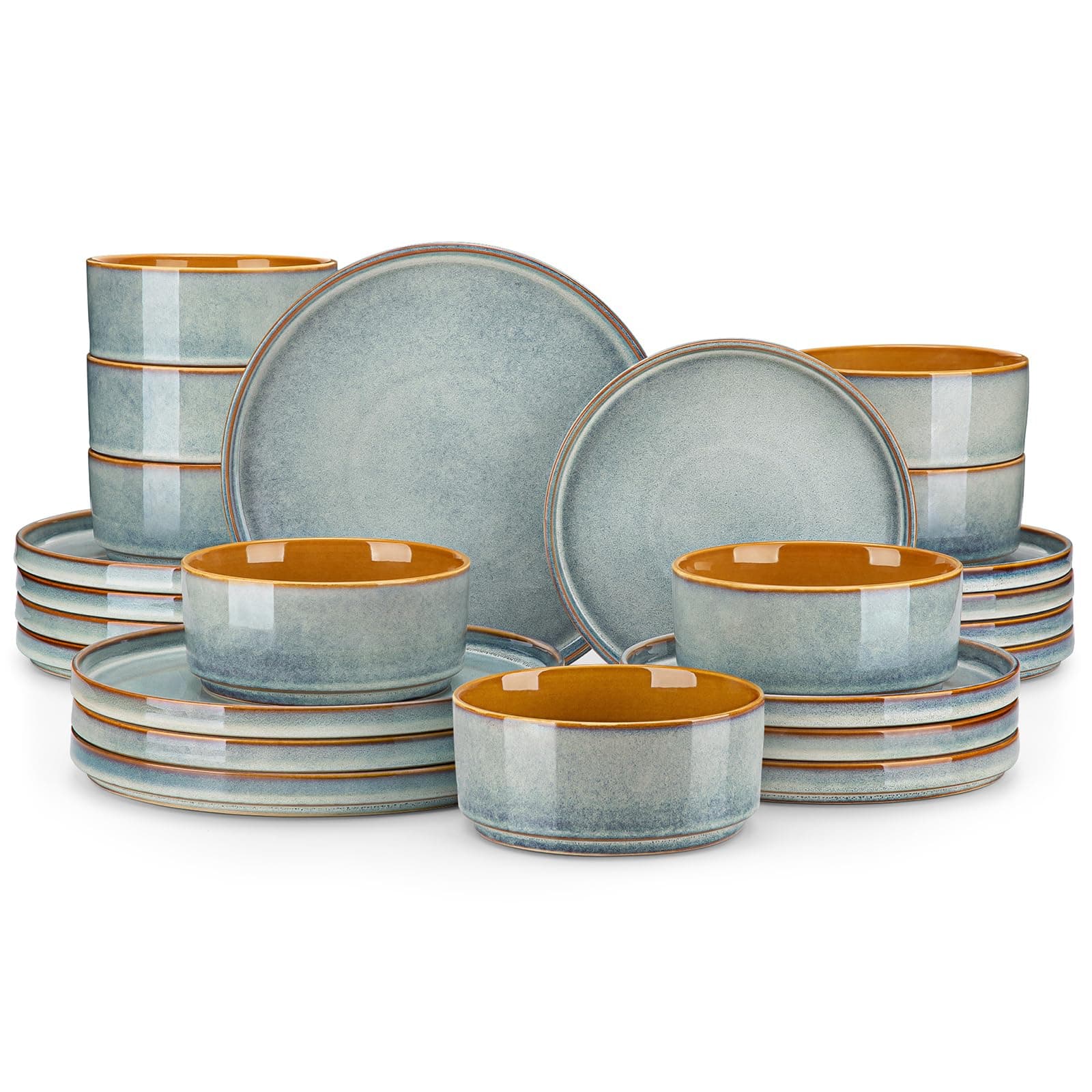 vancasso ONION Vajillas Completas 8 Personas, Vajilla Modernas 24 Piezas de Gres - 8 Platos Llanos, 8 Platos de Postre y 8 Cuencos - Esmaltado Reactivo Azul Claro, Apto para Microondas