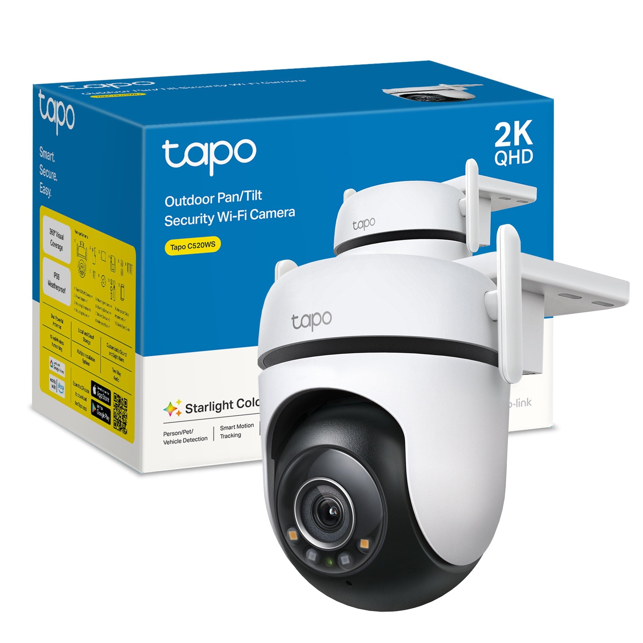 Tapo C520WS - Cámara Vigilancia Wi-Fi Exterior 360°, Resolución 2K QHD, Visión Nocturna en Color Starlight, Detección IA Múltiple, Seguimiento de Movimiento, IP66