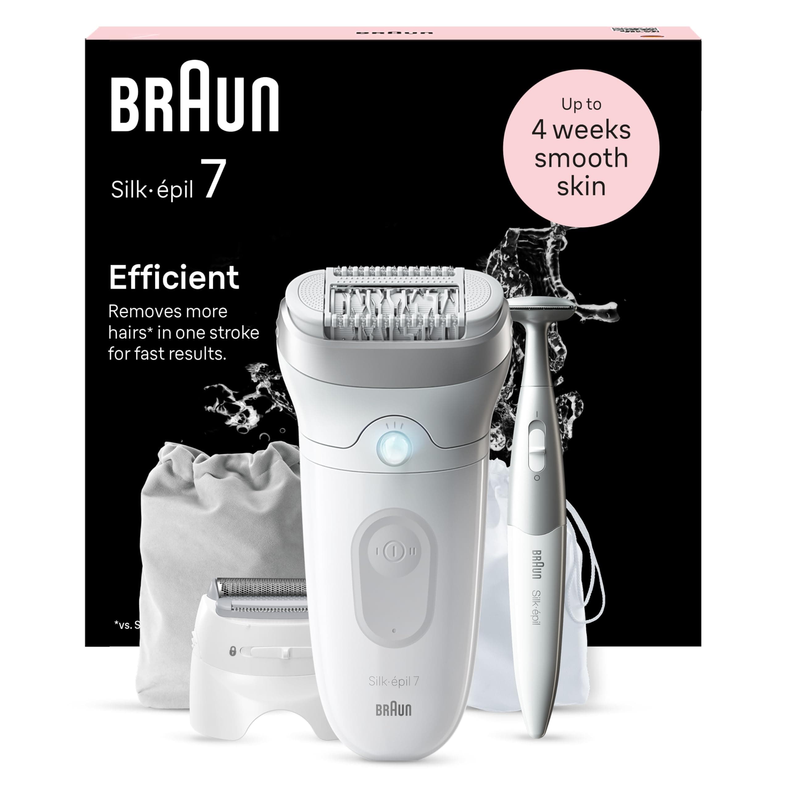 Braun Silk-épil 7 Depilatore Donna, Epilatore Elettrico Donna, Rifinitore Bikini Styler, Testina Ampia, Wet & Dry, Pelle Liscia a Lungo, Con Testina Per Rasoio Donna, 7-241, Bianco/Argento