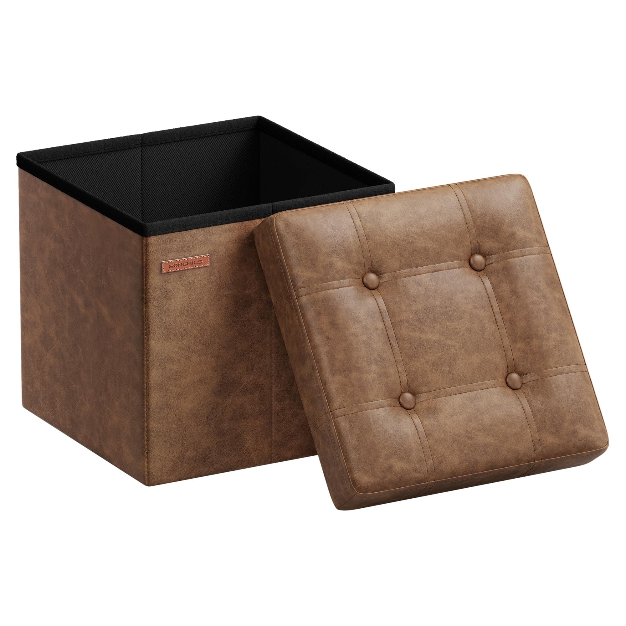 SONGMICS Sitzhocker 38 cm, Aufbewahrungsbox faltbar, Fußhocker mit Deckel, aus Kunstleder, bis 300 kg belastbar, für Eingang, Wohnzimmer, Schlafzimmer, kaffeebraun LSF030K11