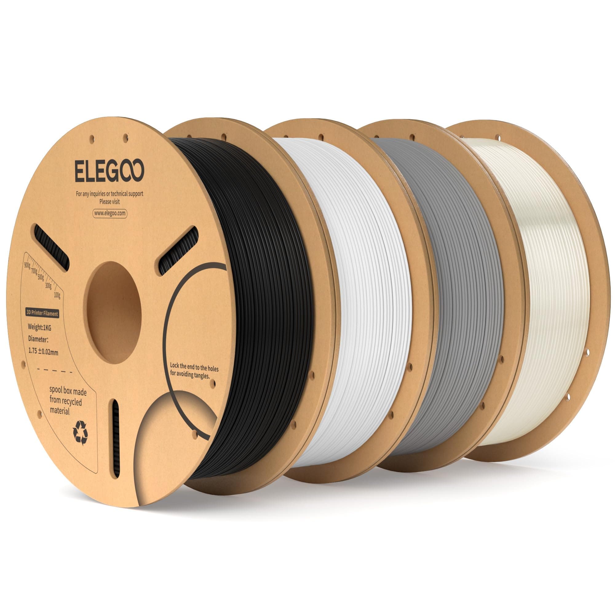 ELEGOO Filament PLA 1.75mm Noir&Blanc&Gris&Translucide 4KG | Précision Dimensionnelle +/- 0.02mm Bobine de Carton Filament d'Impression 3D Convient à la plupart des Imprimantes 3D FDM