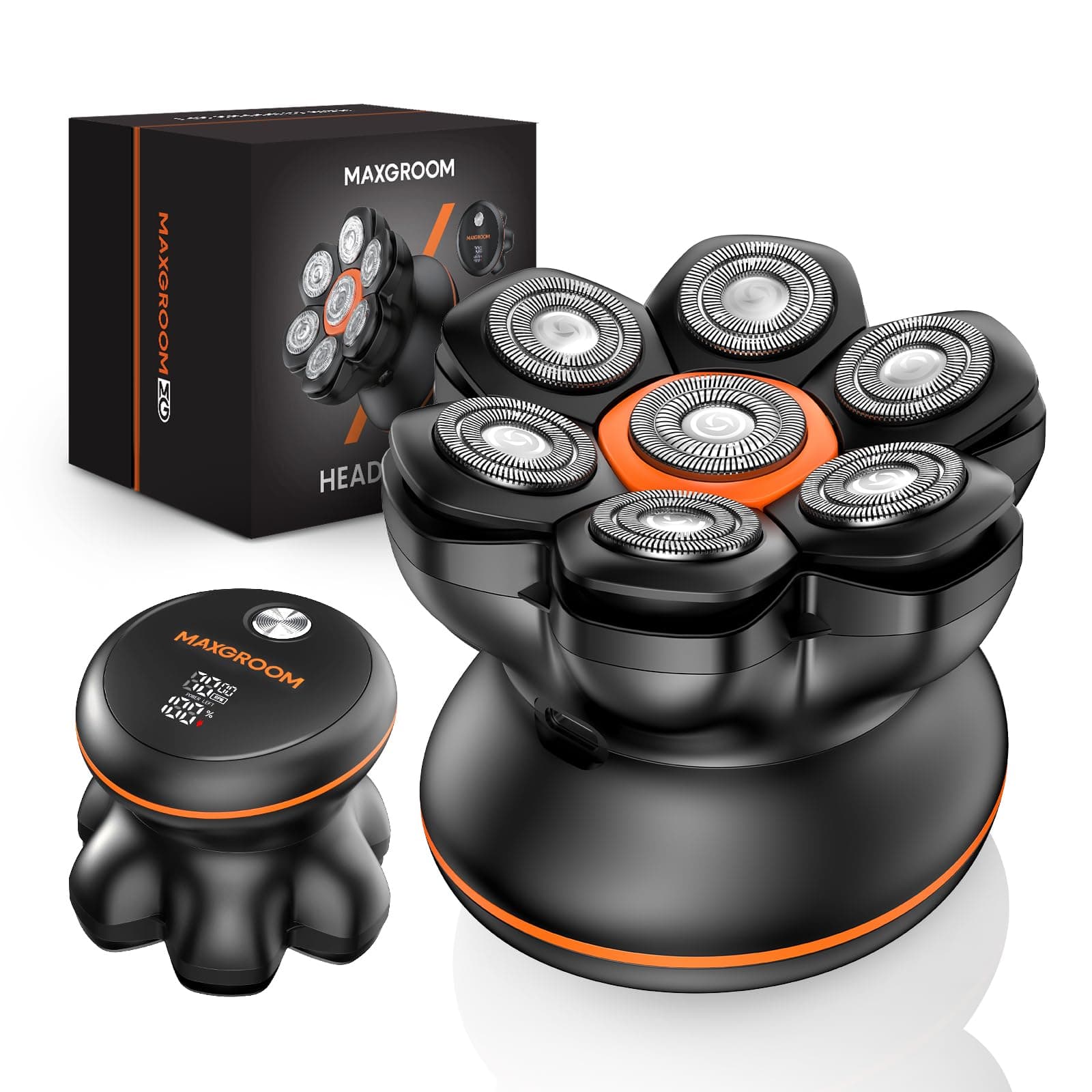 MAXGROOM Afeitadora Cabeza Hombre, Maquina Afeitar Hombre, Afeitadora para Calva en Seco y Húmedo, Batería de Larga Duración, 7 Cabezales, Magnético, 100% impermeable, Color Negro