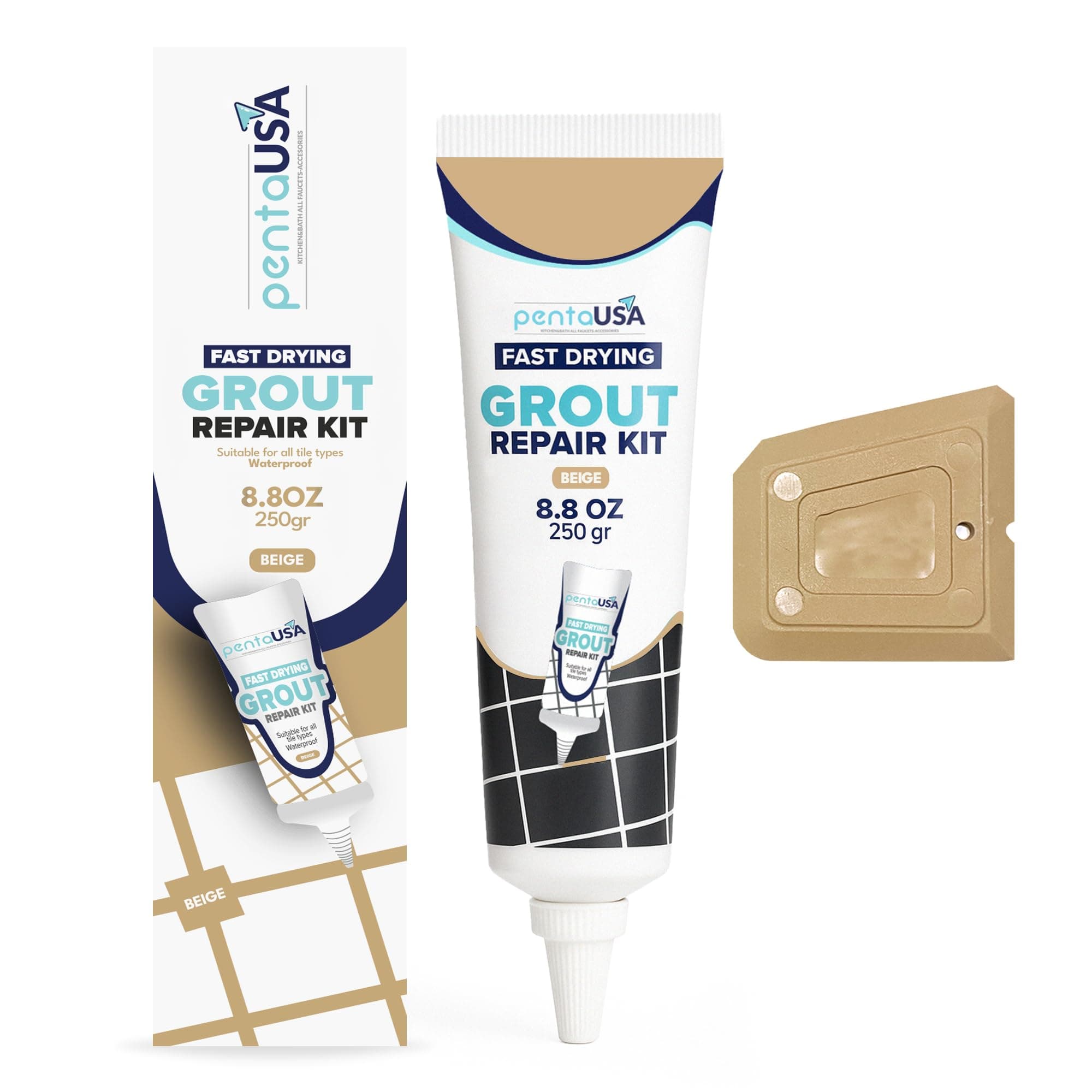Riparazione Fughe Piastrelle - Tubetto Riempitivo Ripara e Rinnova, Malta per Piastrelle, Asciugatura Rapida + Raschietto, Stucco inodore - 250gr (Beige)