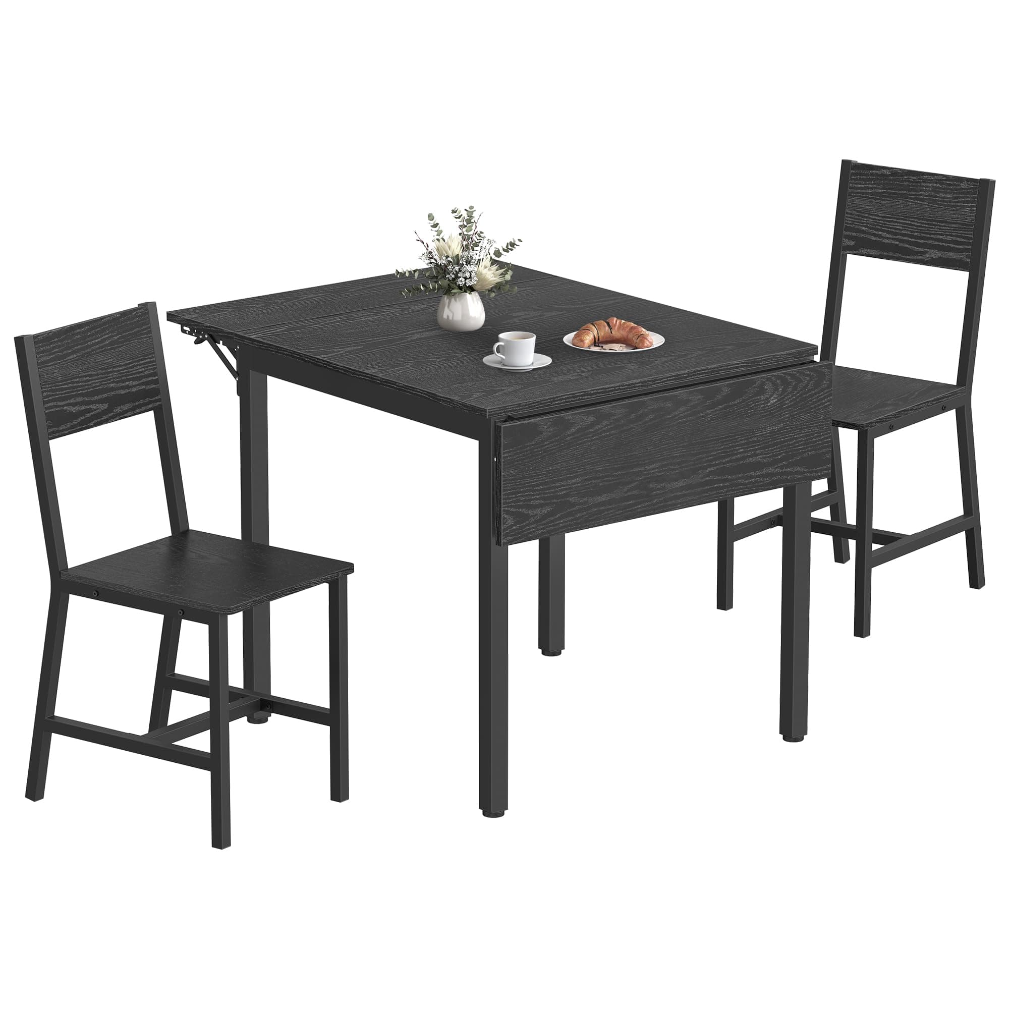 VASAGLE Klappbarer Esstisch mit 2 Stühlen, Essgruppe, für Wohnzimmer, Küche, Stahlgestell, einfacher Aufbau, ebenholzschwarz-anthrazitgrau-tintenschwarz KDT077B03-01