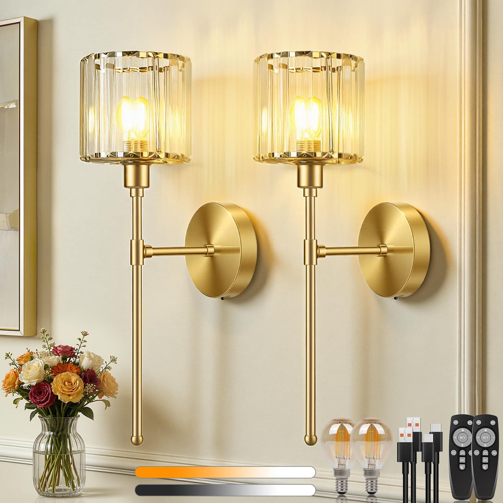 Dehobo Applique Murale Intérieure Rechargeable 2 Pcs - Interrupteur Sans Fil Applique Murale Dorée avec Abat-jour en Cristal - 3 Modes de Couleur et Télécommande, 45CM Lampe Murale pour Chambre Salon
