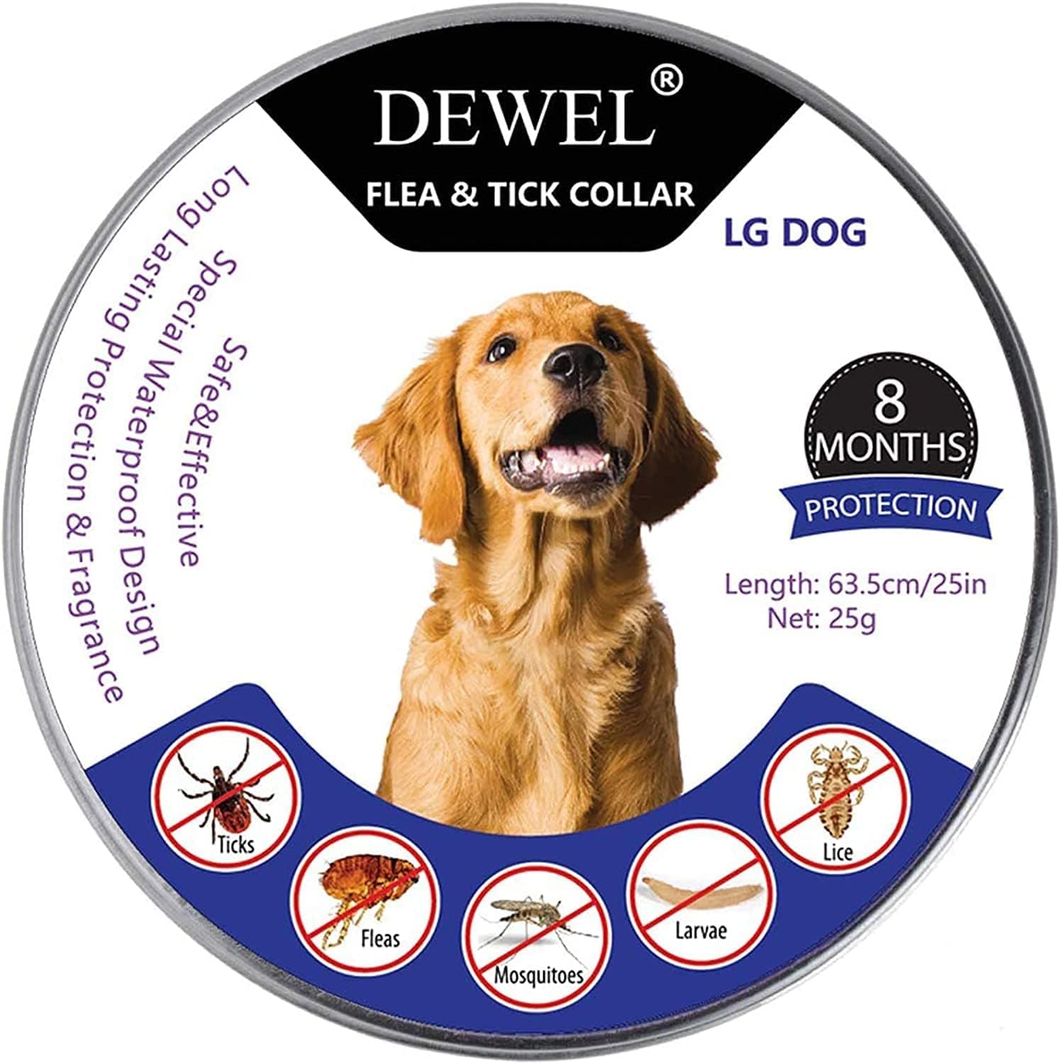 DEWEL Collar contra Pulgas y Garrapatas para Perros Grandes Medianos y Pequeños, Collar Antiparasitario para Perros 8 Meses de Protección, Control Antipulgas para Mascotas de 63,5 cm Gris 1 Unidad