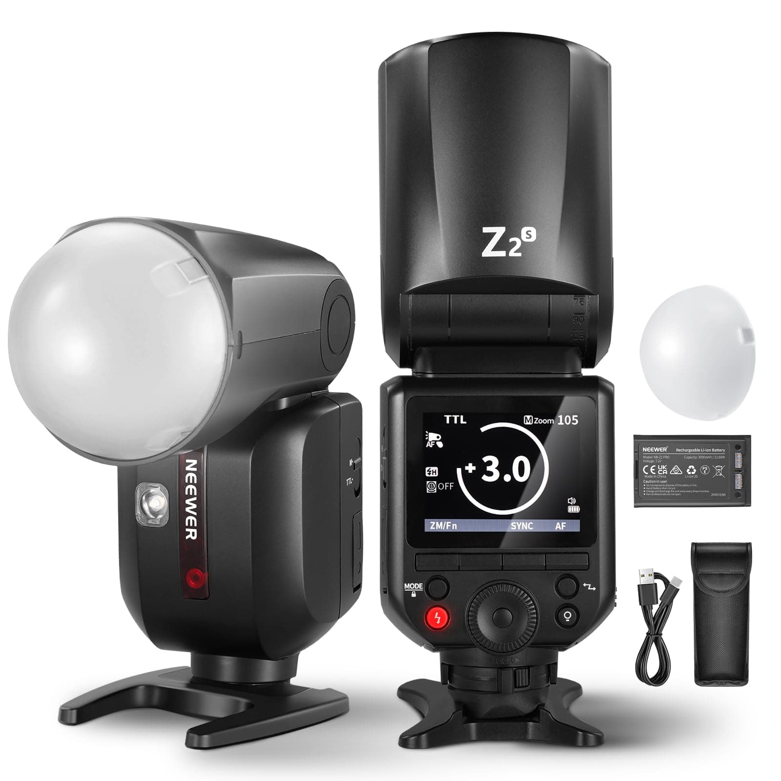 NEEWER Z2-S 2,4 G TTL Flash Cabeza Redonda Flash Speedlite Compatible con cámaras Sony 76 W 1/8000s HSS, difusor 2 lámparas de Modelado Mejor UI TTL/M botón de conmutación 3000 mAh batería 600 Flash